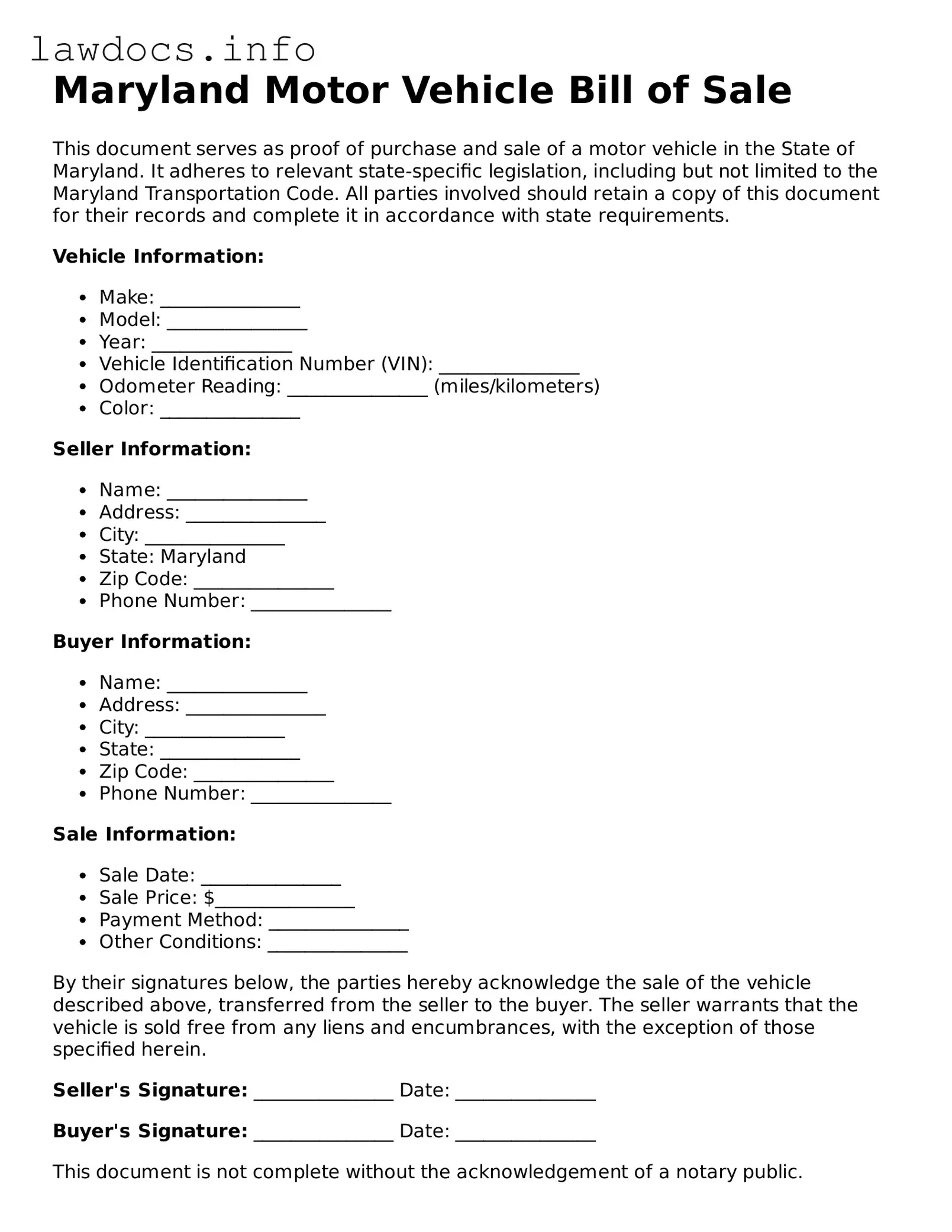 Blank Motor Vehicle Bill of Sale Template for the State of Maryland