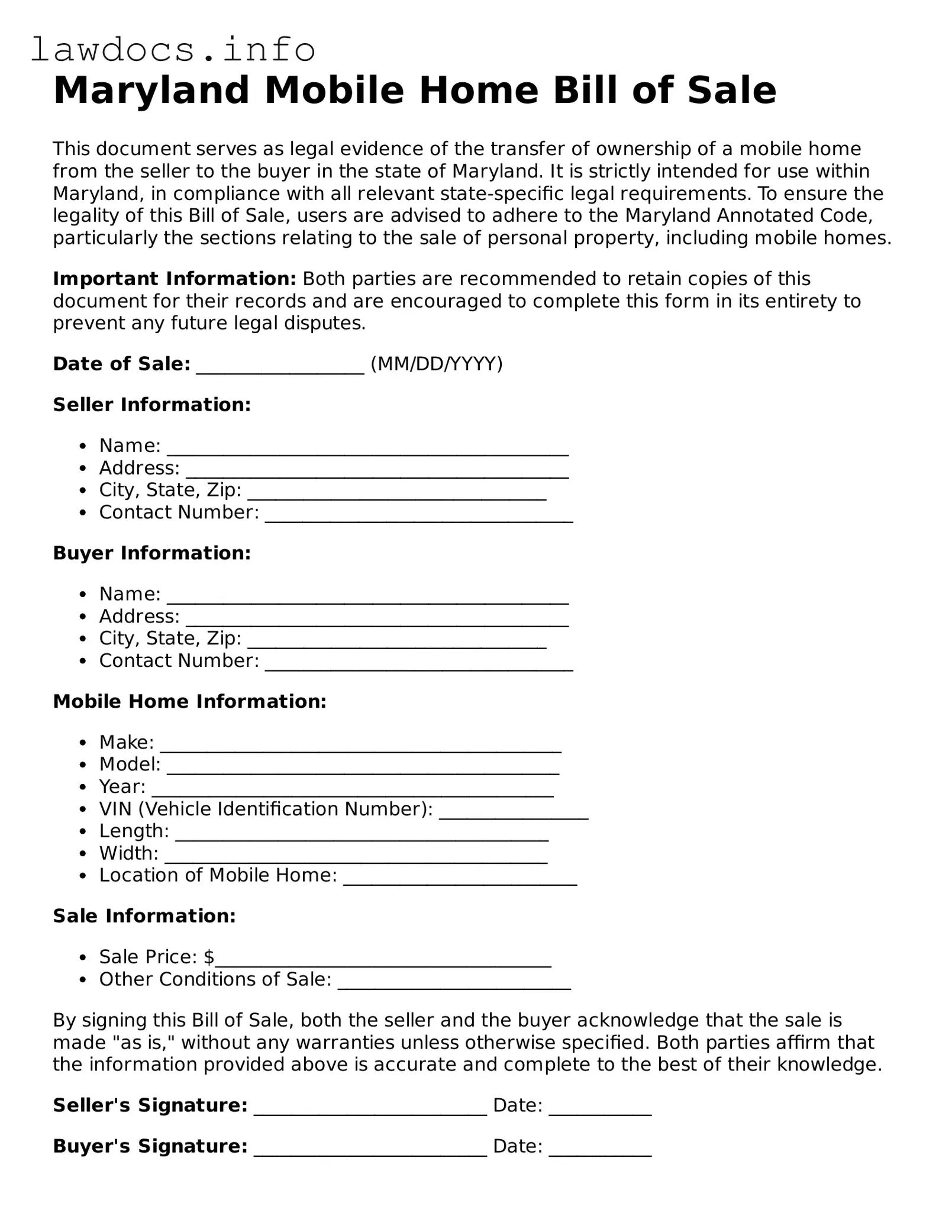 Blank Mobile Home Bill of Sale Template for the State of Maryland