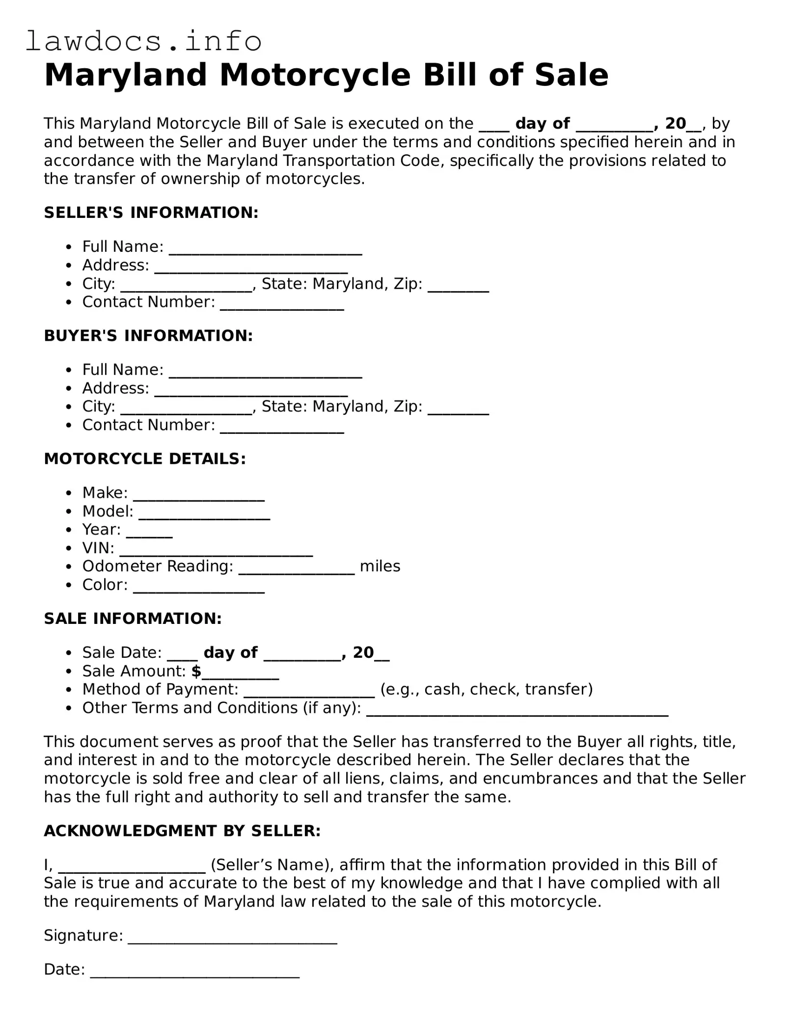 Blank Motorcycle Bill of Sale Template for the State of Maryland