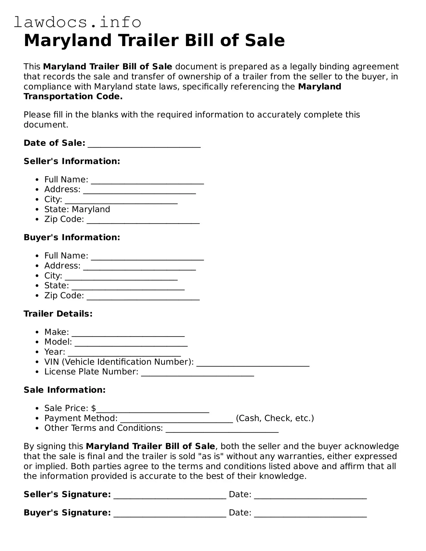 Blank Trailer Bill of Sale Template for the State of Maryland