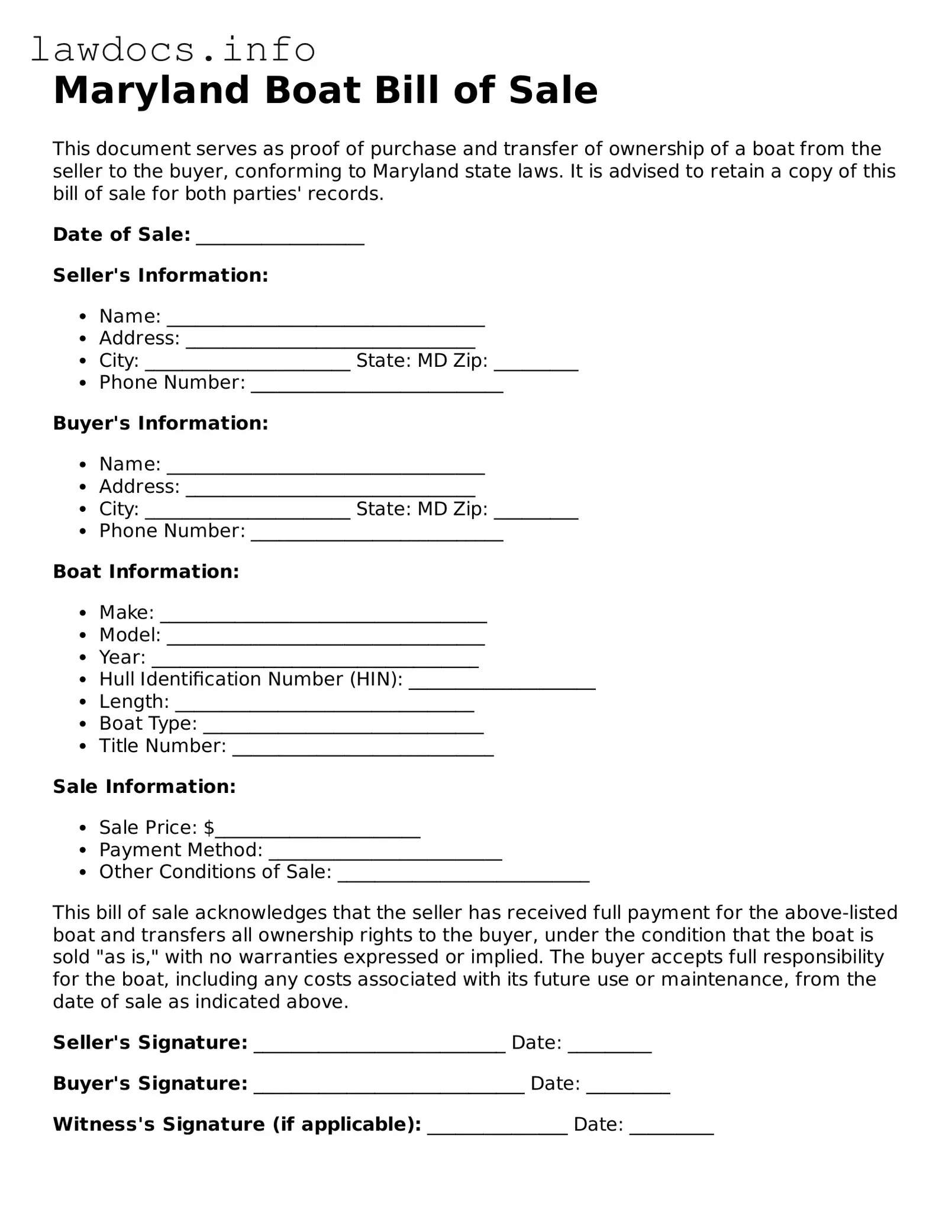Blank Boat Bill of Sale Template for the State of Maryland