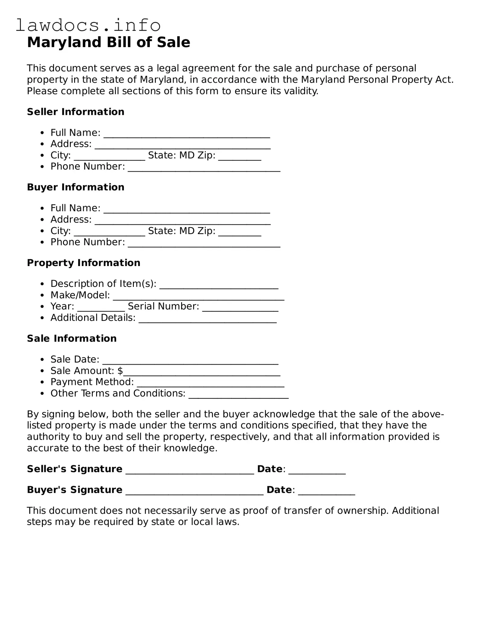 Blank Bill of Sale Template for the State of Maryland