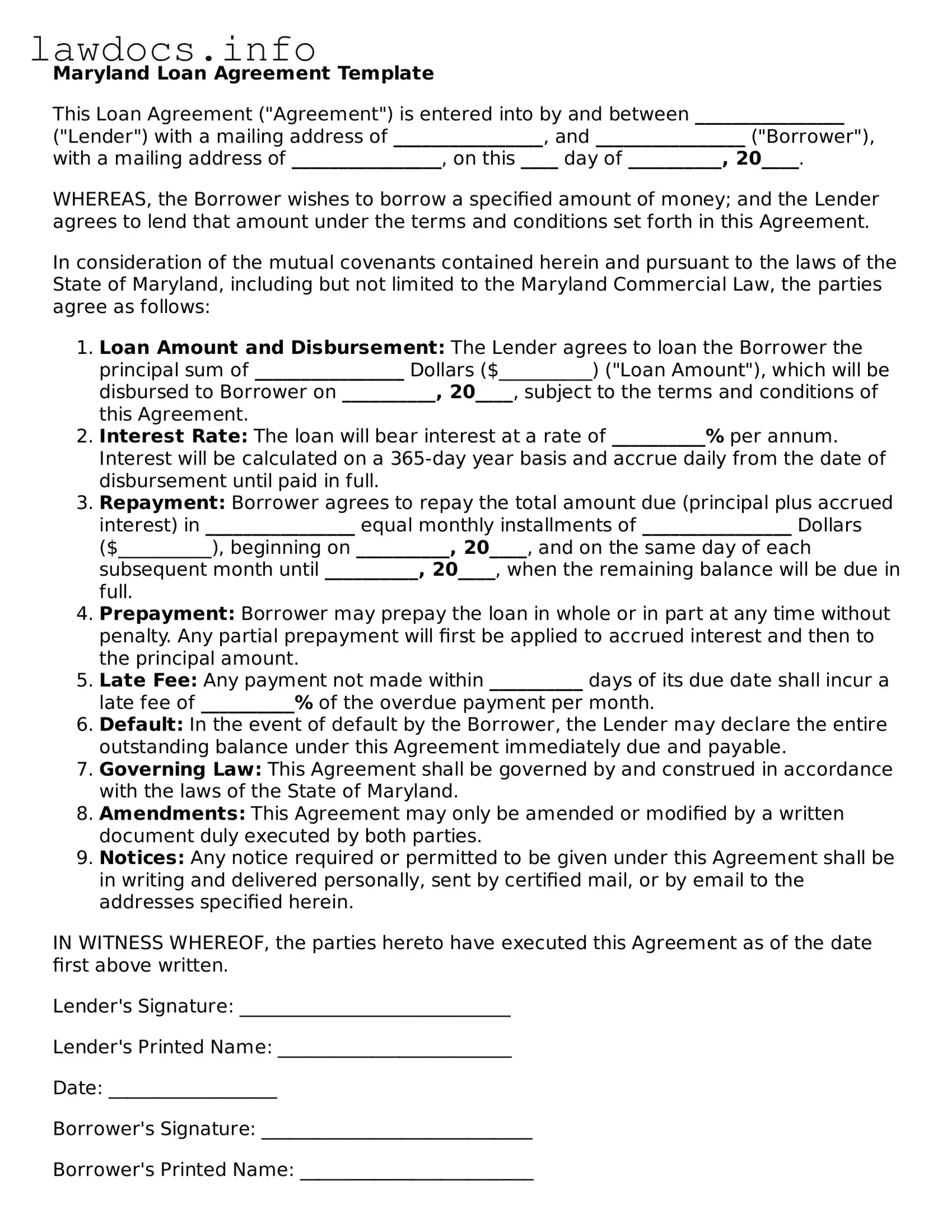 Blank Loan Agreement Template for the State of Maryland