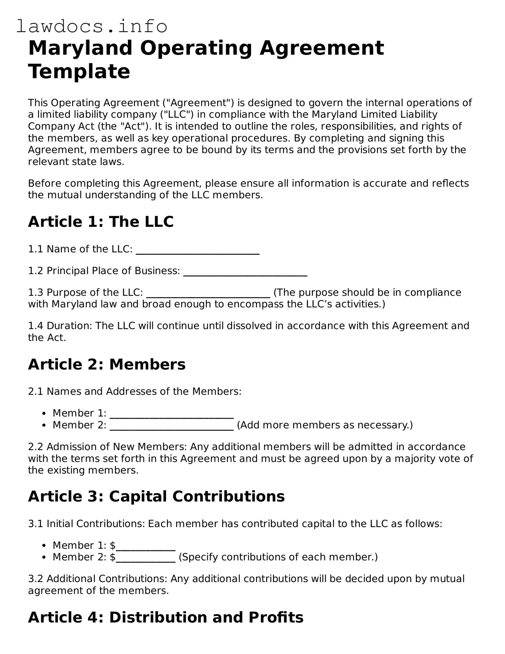 Blank Operating Agreement Template for the State of Maryland
