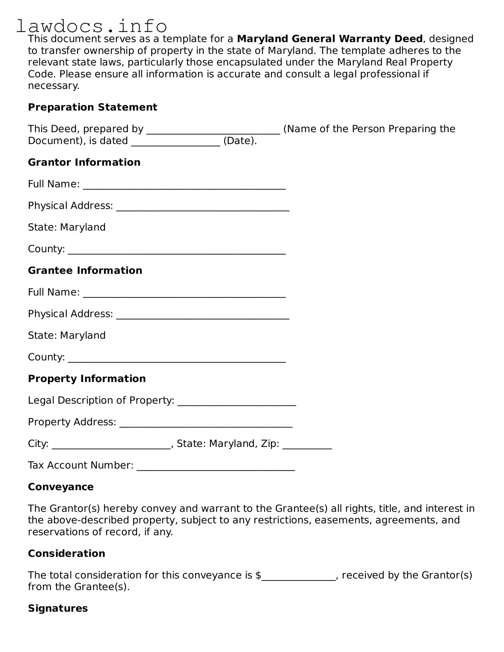 Blank Deed Template for the State of Maryland