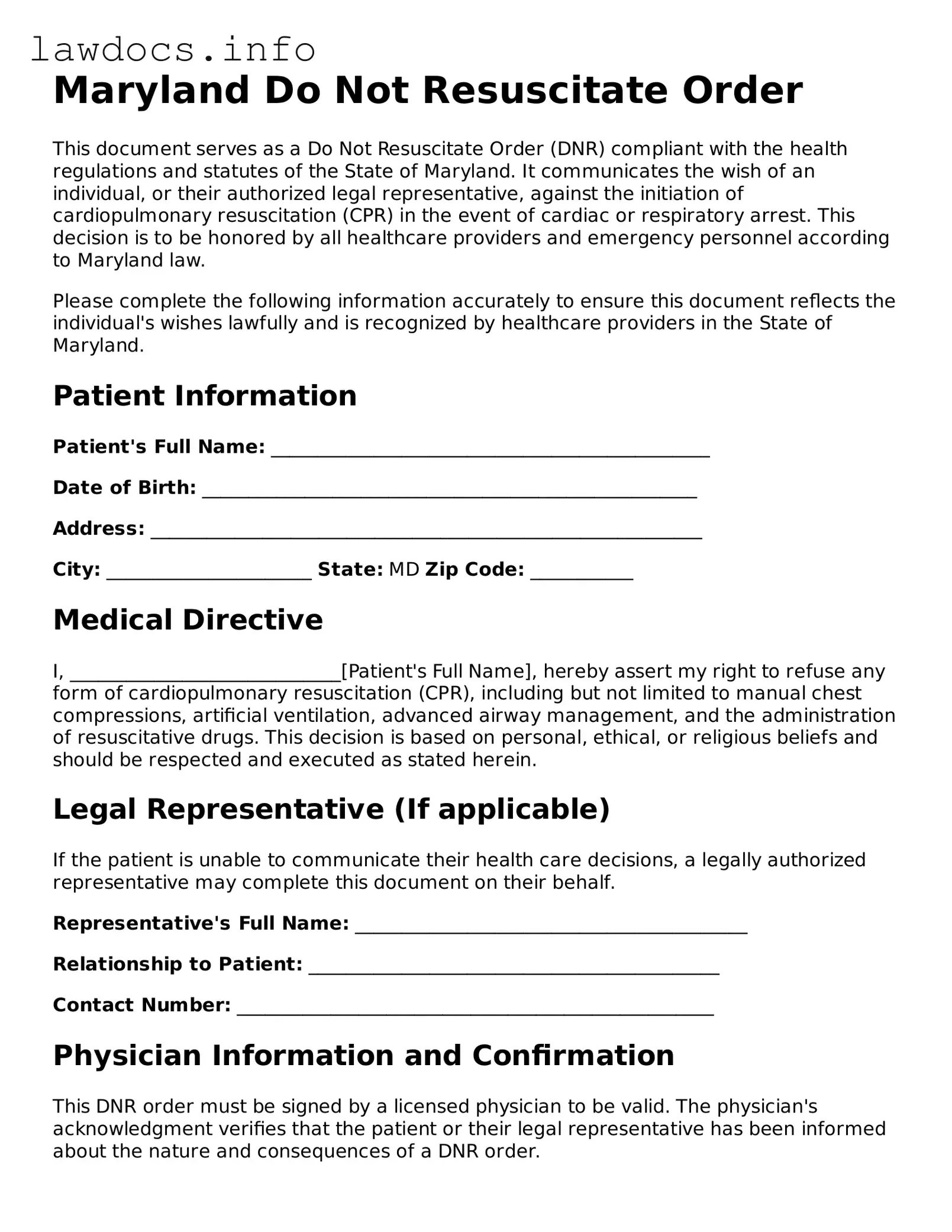 Blank Do Not Resuscitate Order Template for the State of Maryland