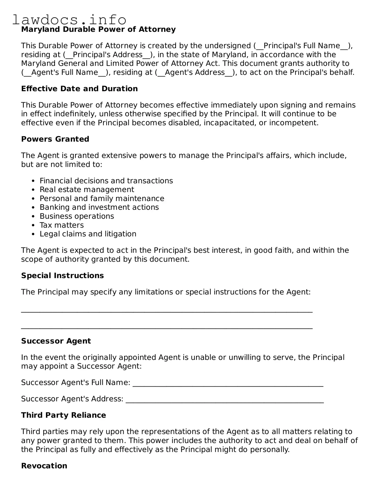 Blank Durable Power of Attorney Template for the State of Maryland