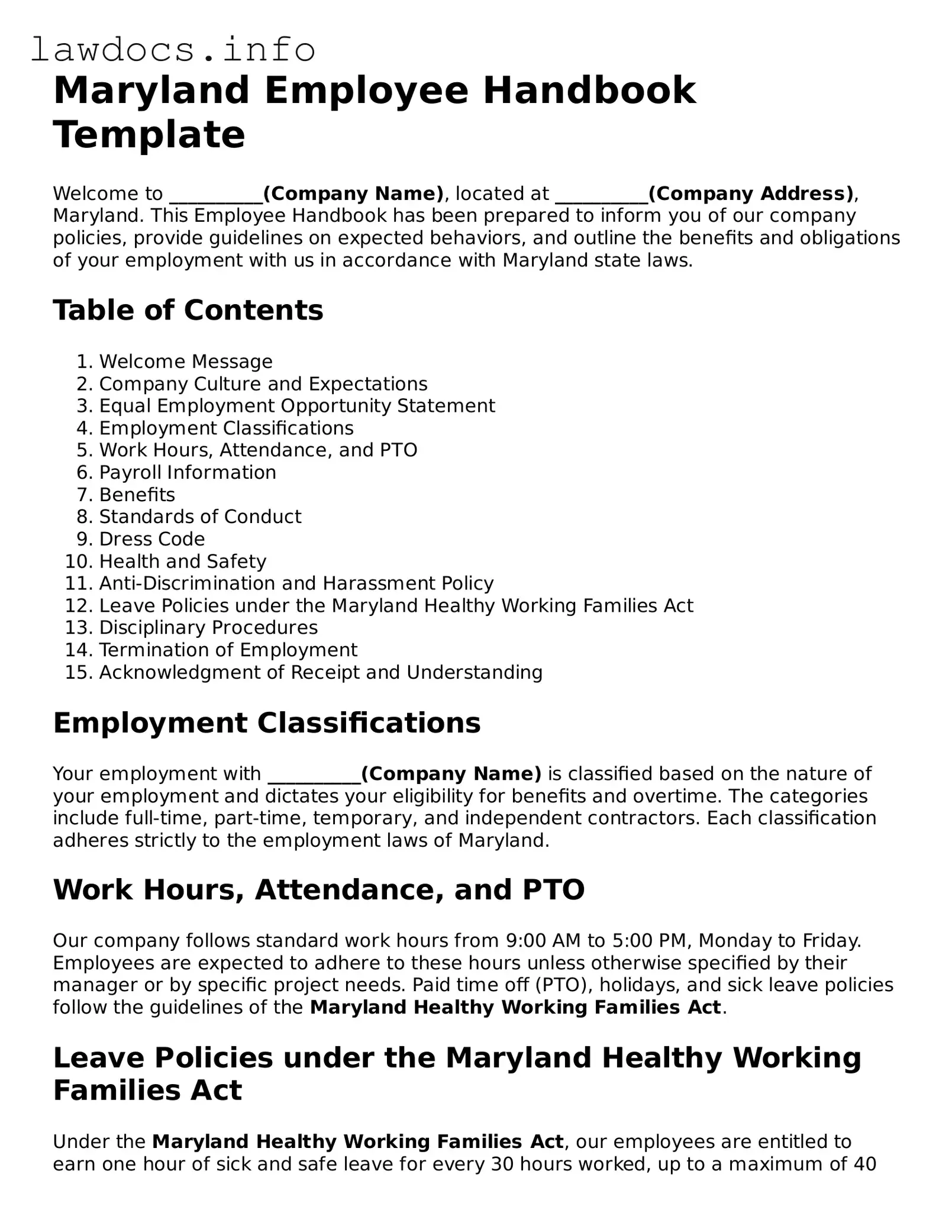 Blank Employee Handbook Template for the State of Maryland