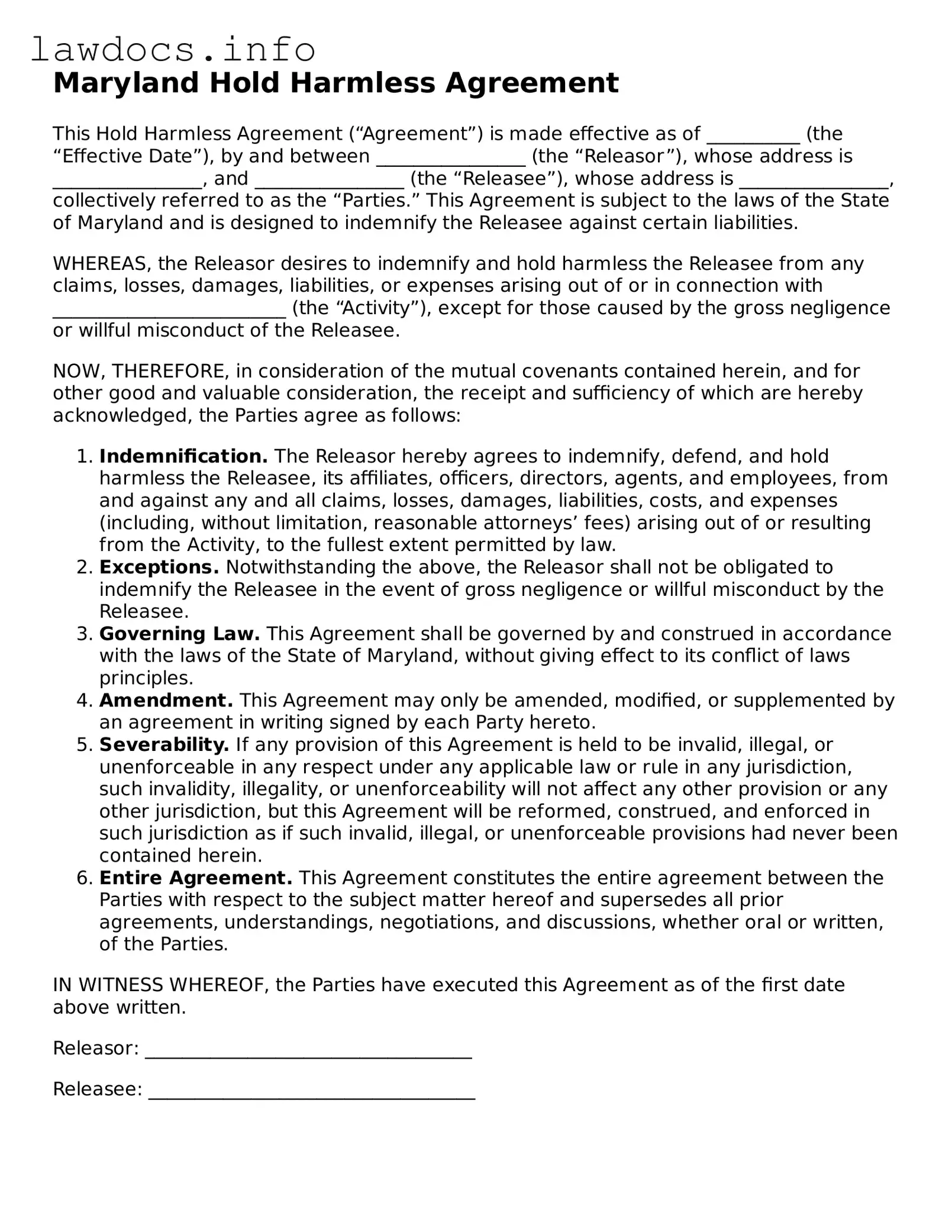 Blank Hold Harmless Agreement Template for the State of Maryland