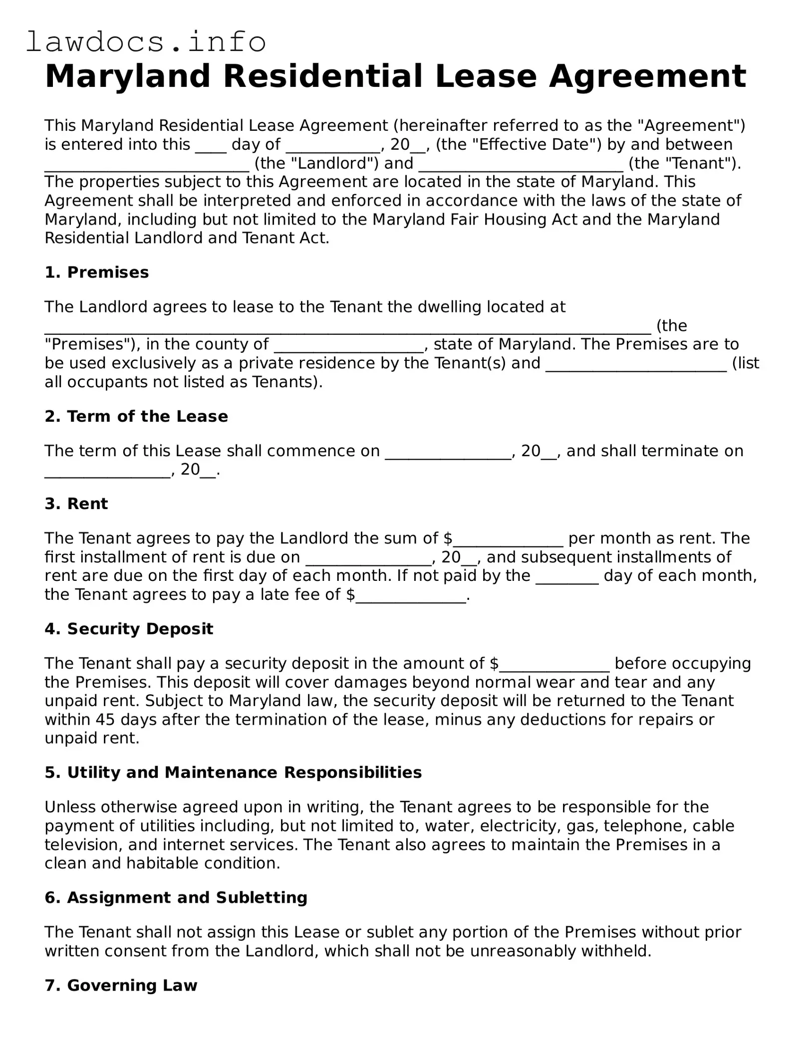 Blank Residential Lease Agreement Template for the State of Maryland