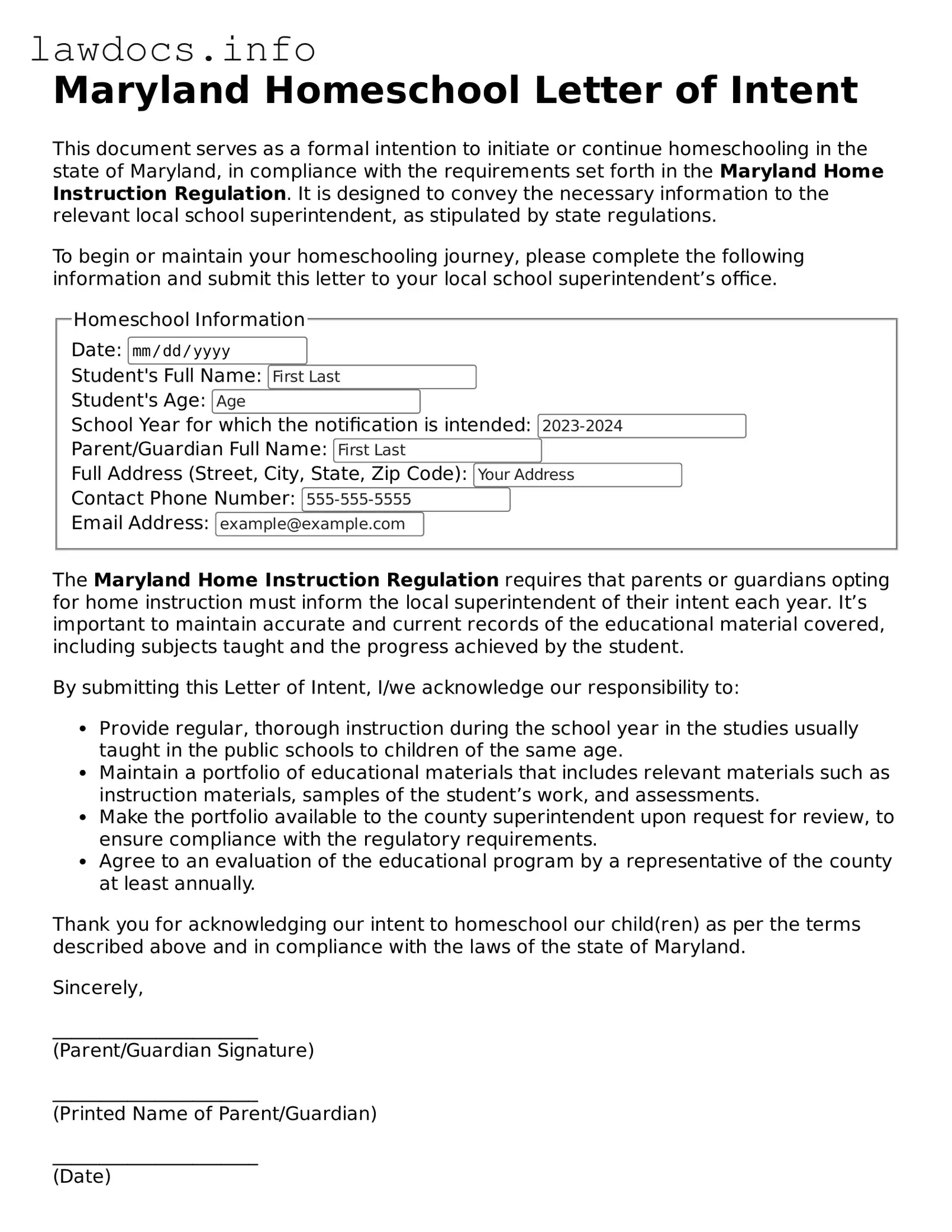 Blank Homeschool Letter of Intent Template for the State of Maryland