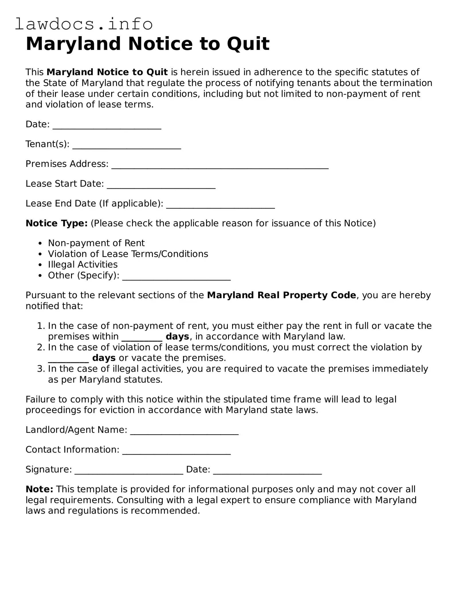 Blank Notice to Quit Template for the State of Maryland