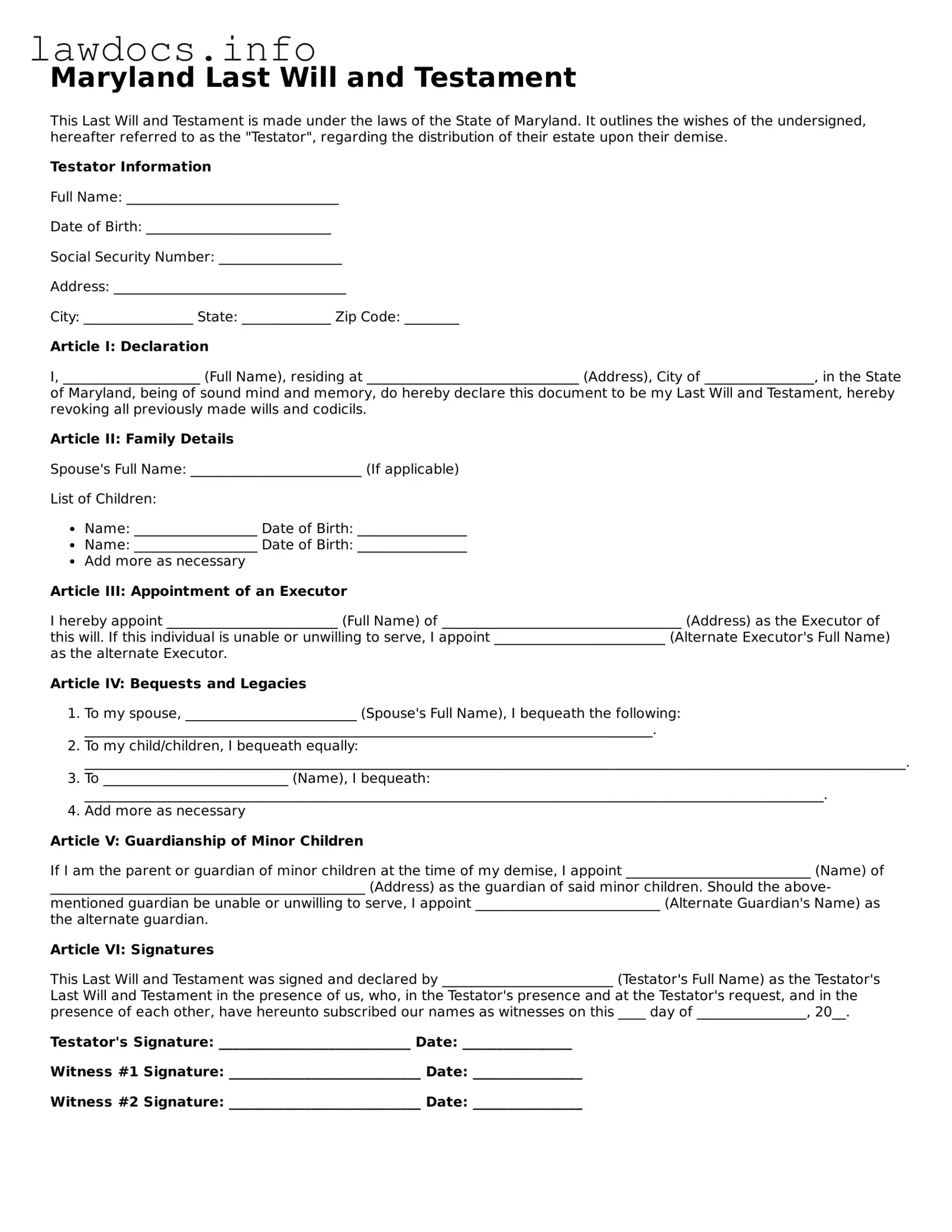Blank Last Will and Testament Template for the State of Maryland