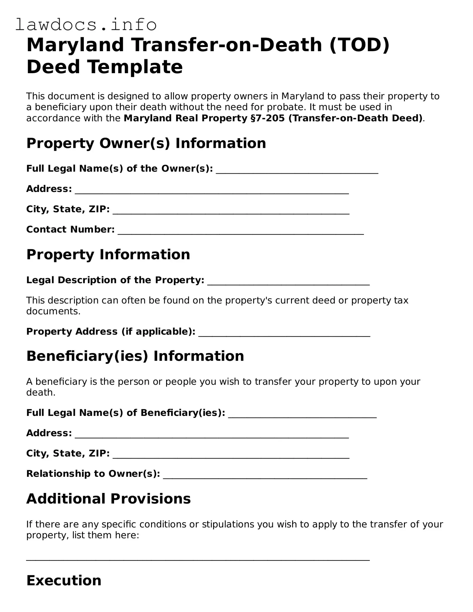 Blank Transfer-on-Death Deed Template for the State of Maryland