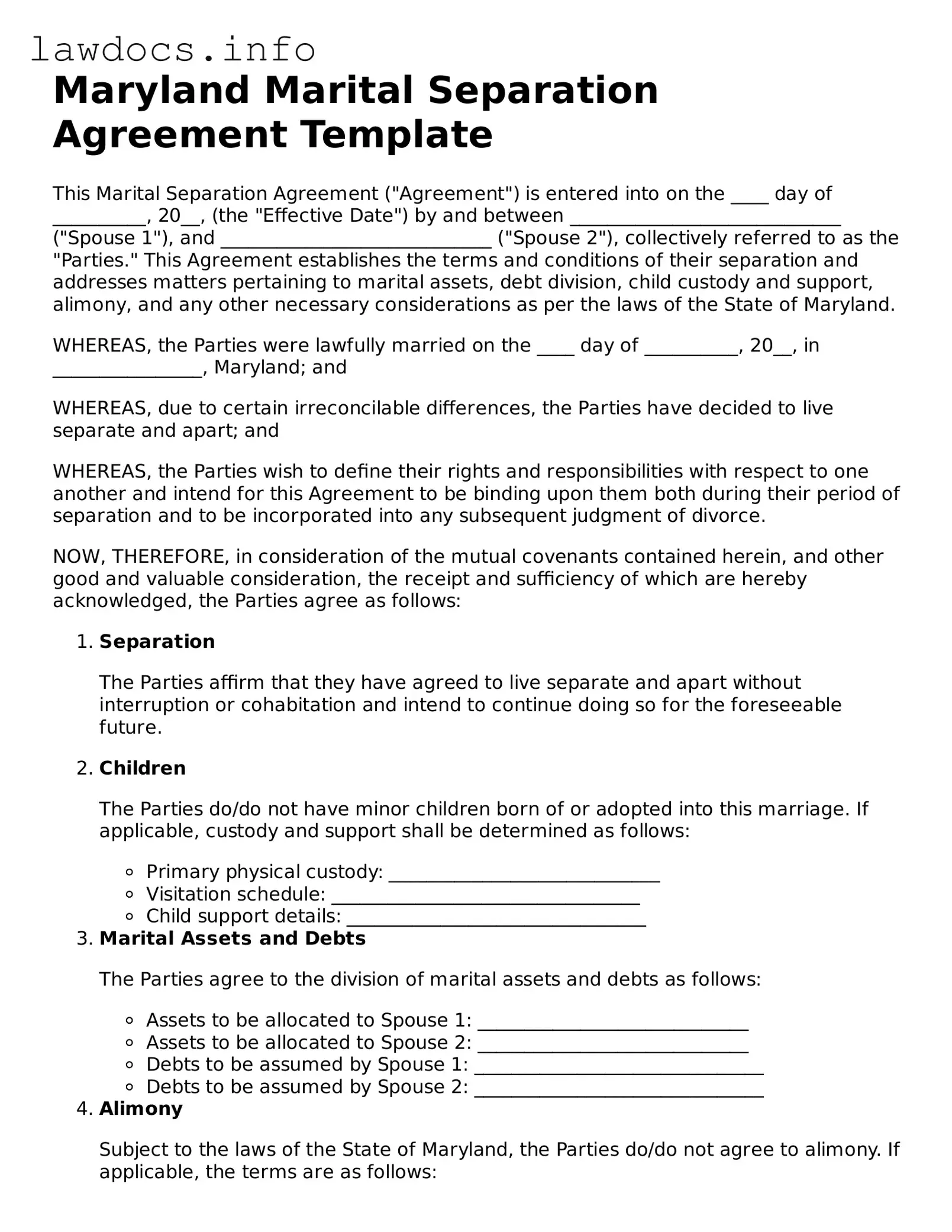 Blank Marital Separation Agreement Template for the State of Maryland