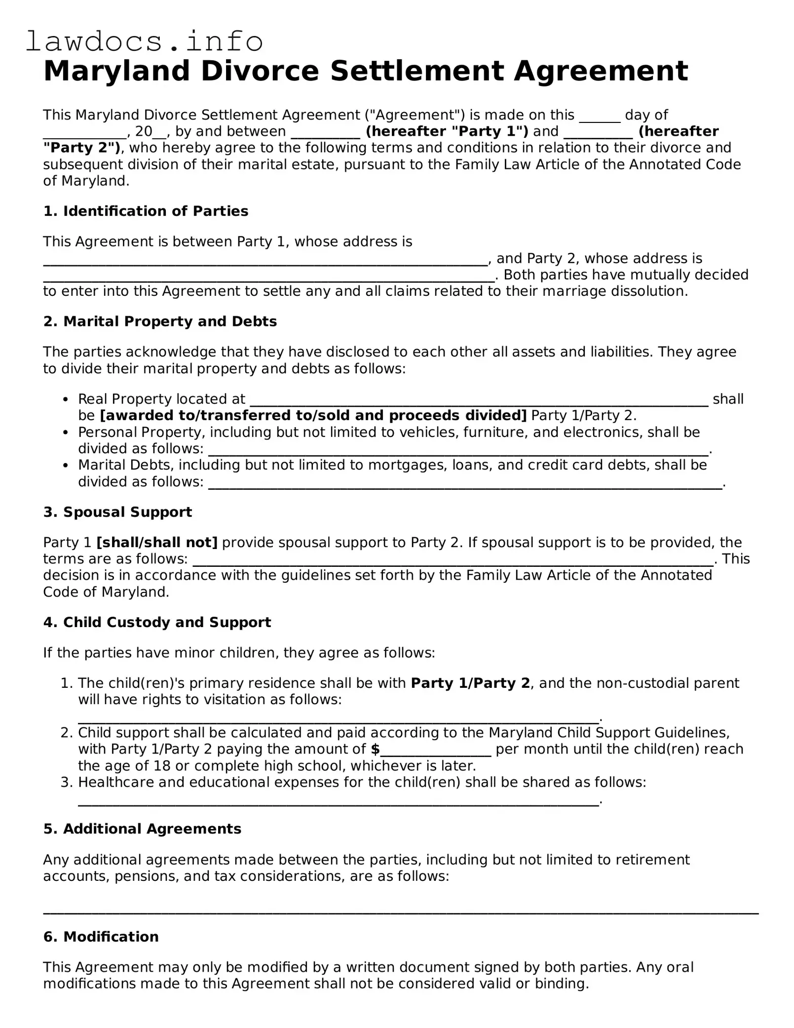 Blank Divorce Settlement Agreement Template for the State of Maryland