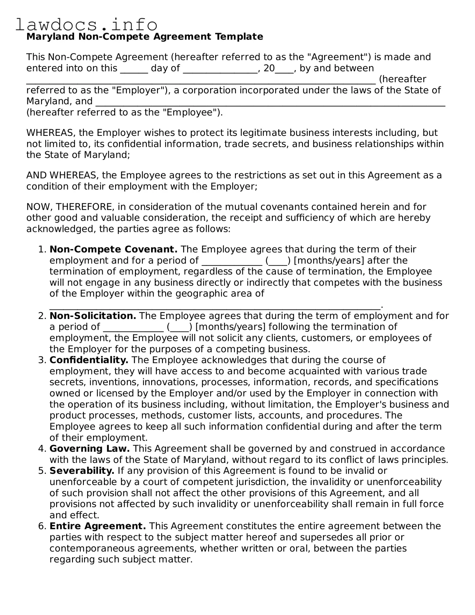 Blank Non-compete Agreement Template for the State of Maryland