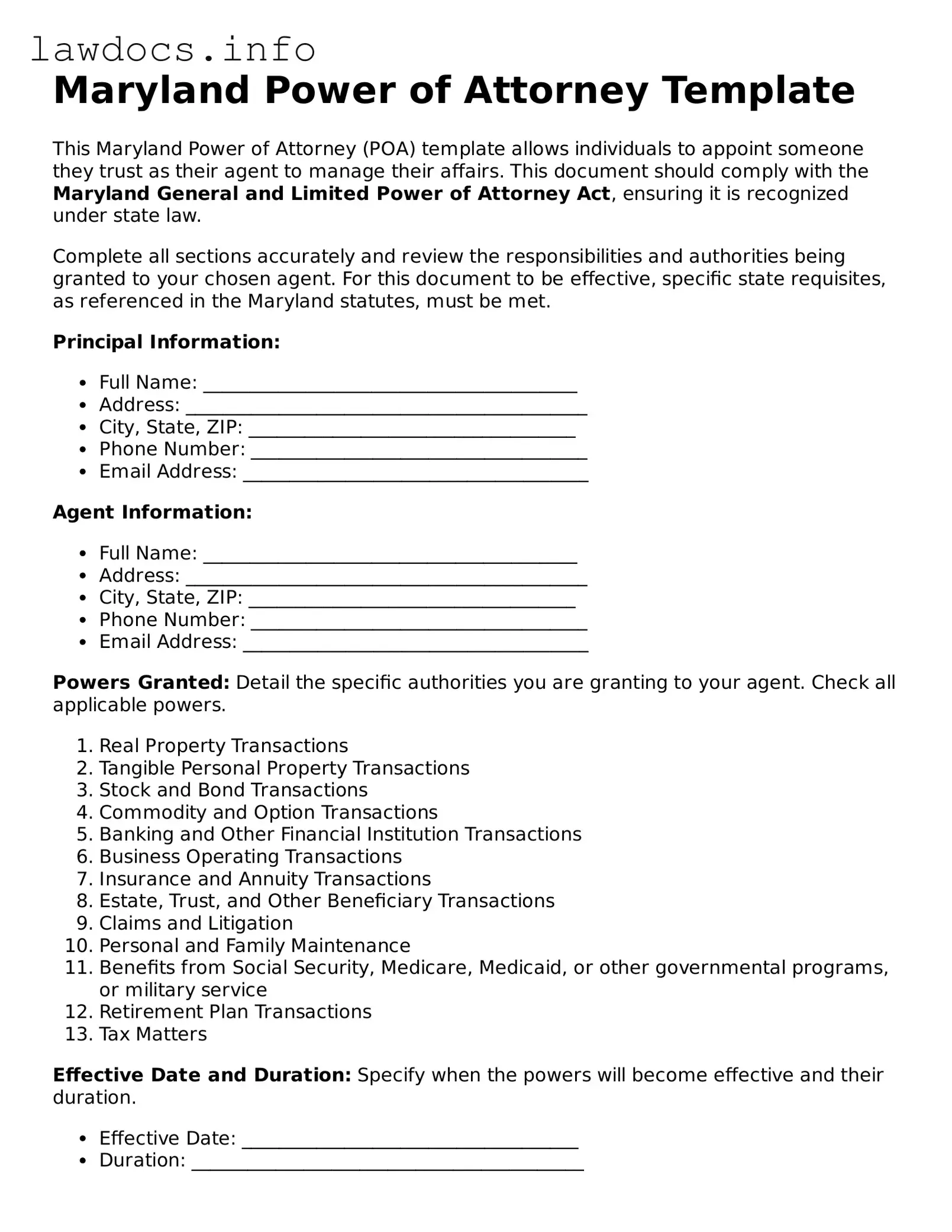 Blank Power of Attorney Template for the State of Maryland