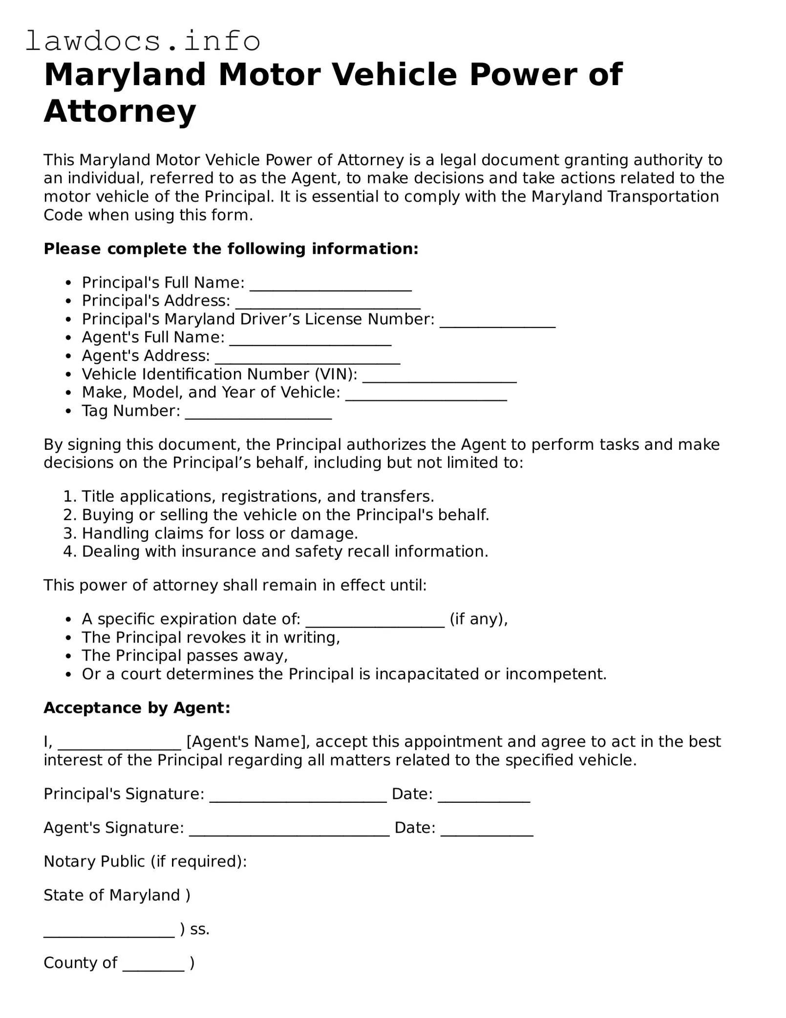 Blank Motor Vehicle Power of Attorney Template for the State of Maryland