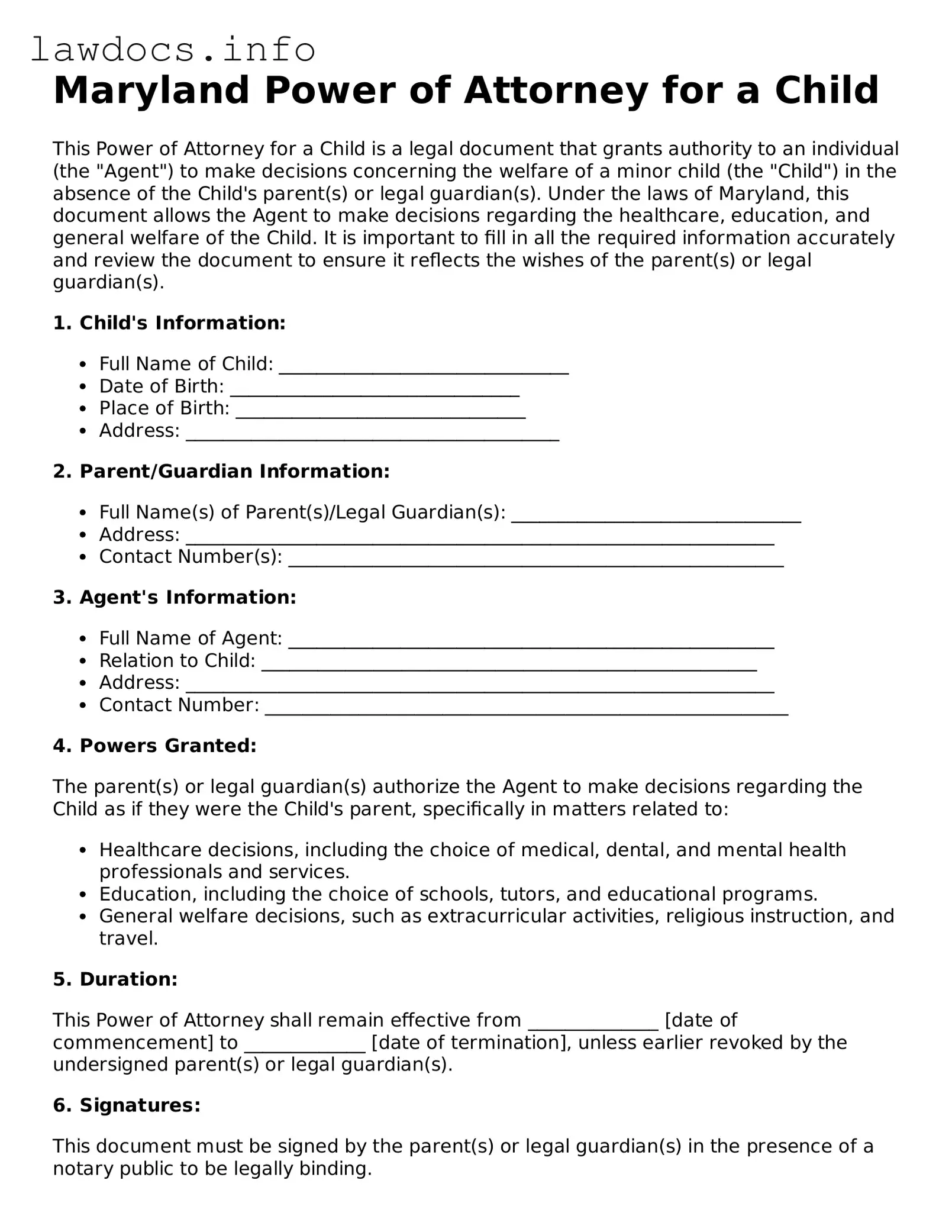 Blank Power of Attorney for a Child Template for the State of Maryland