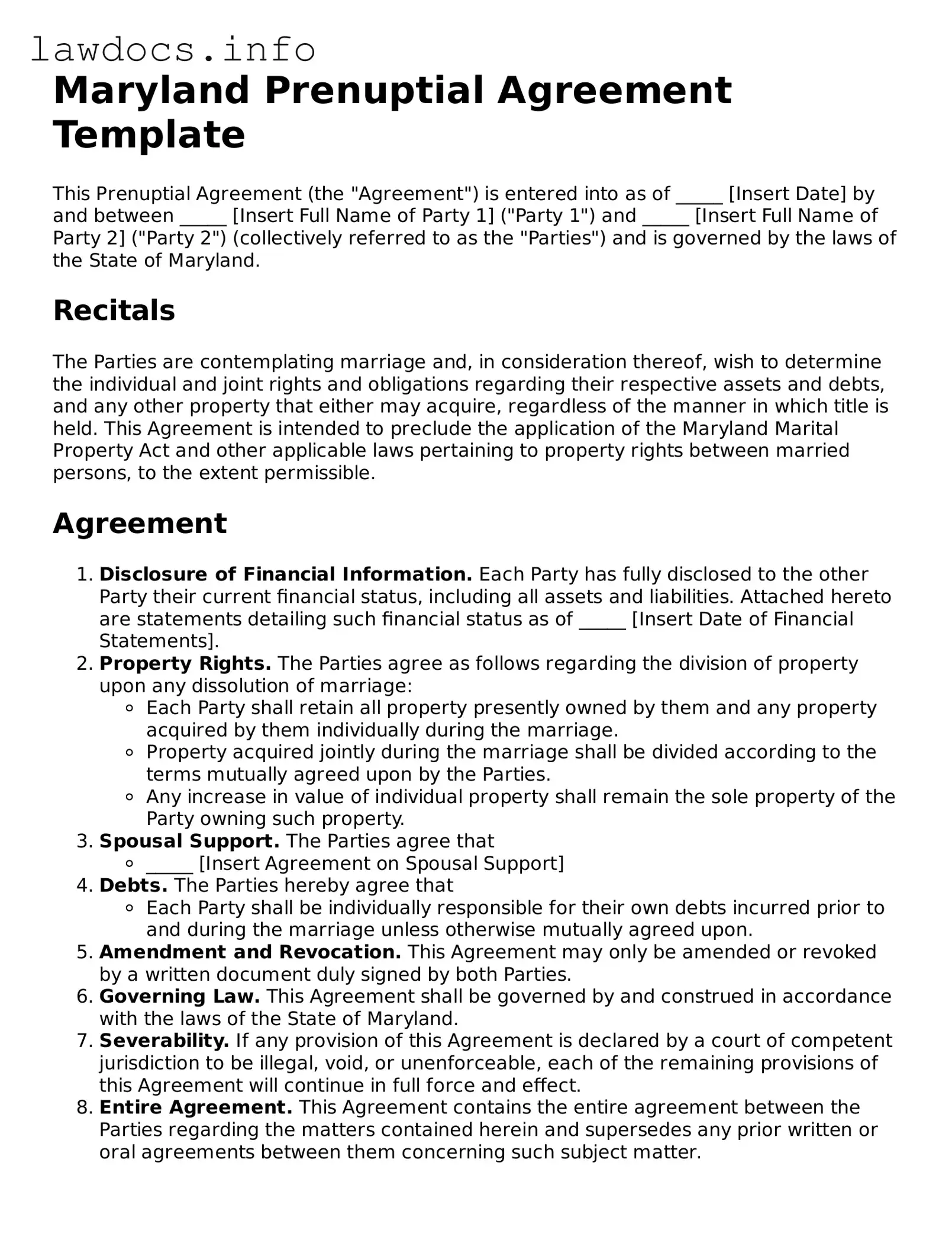 Blank Prenuptial Agreement Template for the State of Maryland