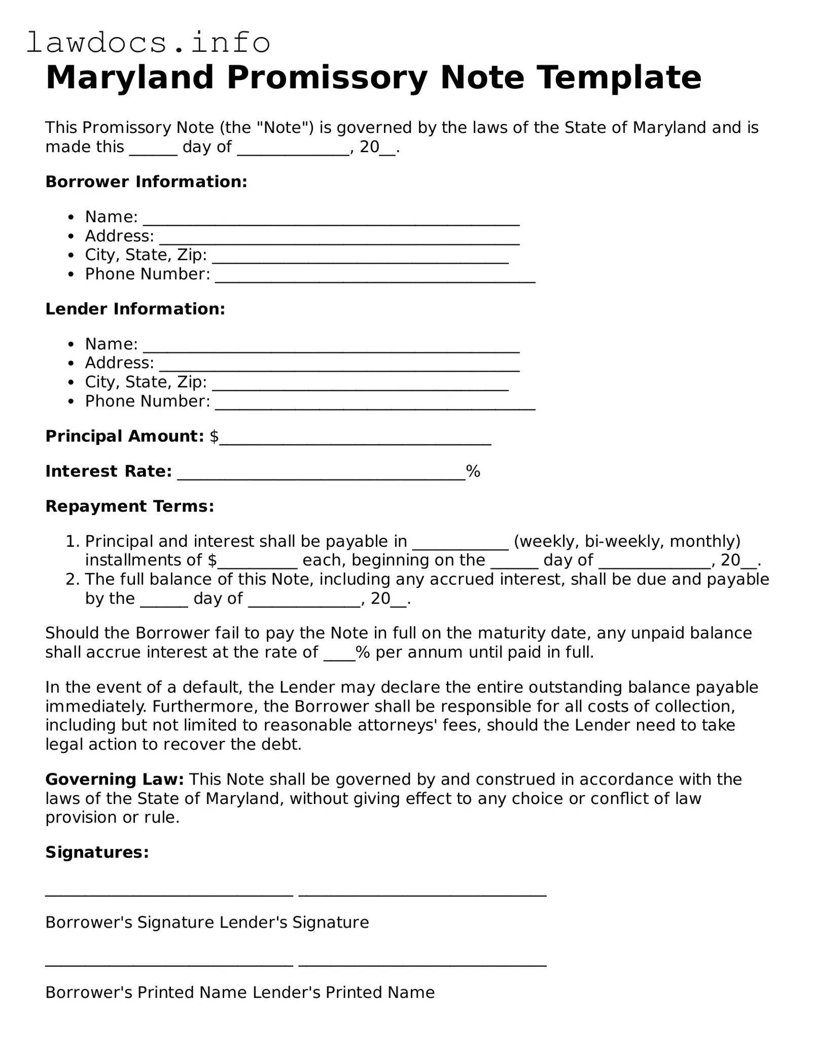 Blank Promissory Note Template for the State of Maryland