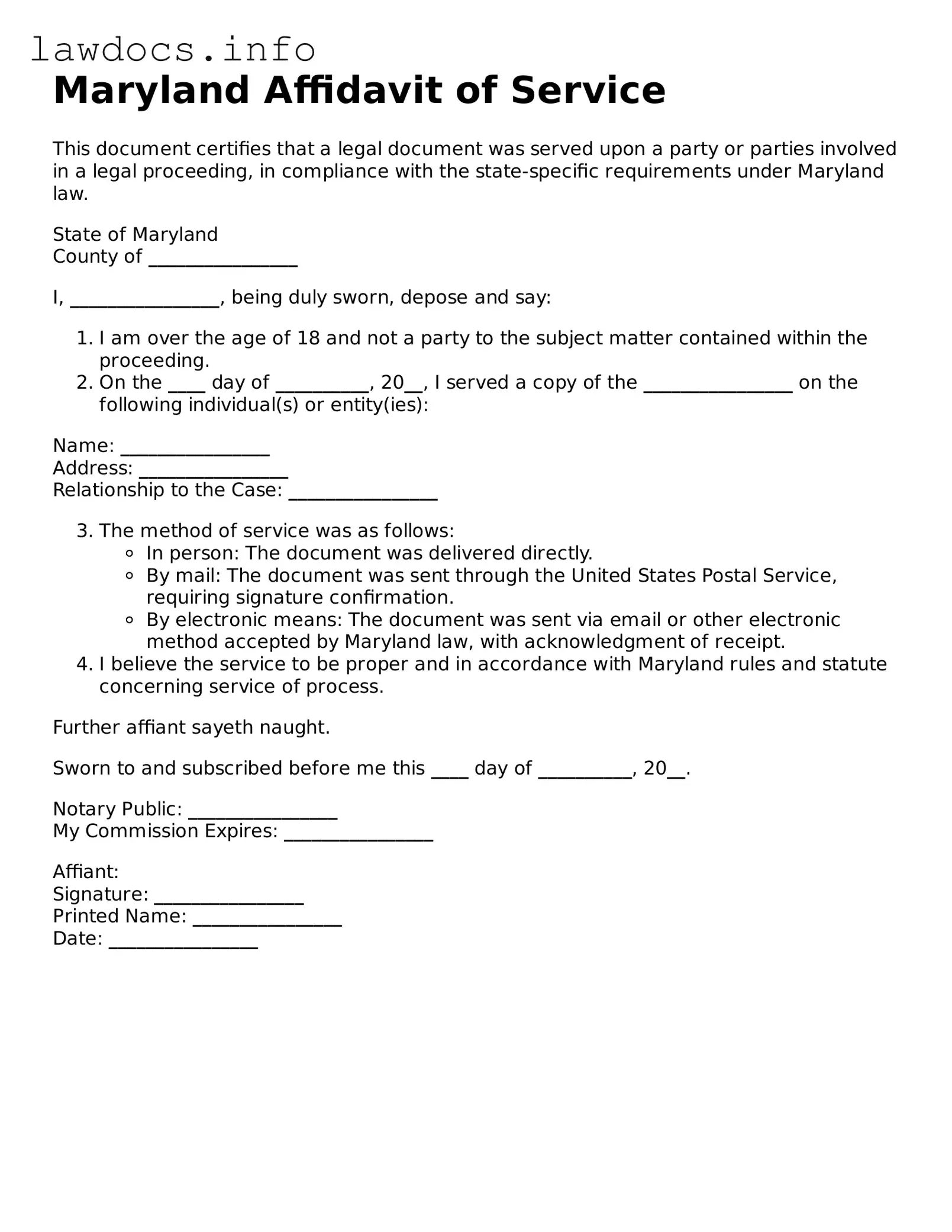 Blank Affidavit of Service Template for the State of Maryland