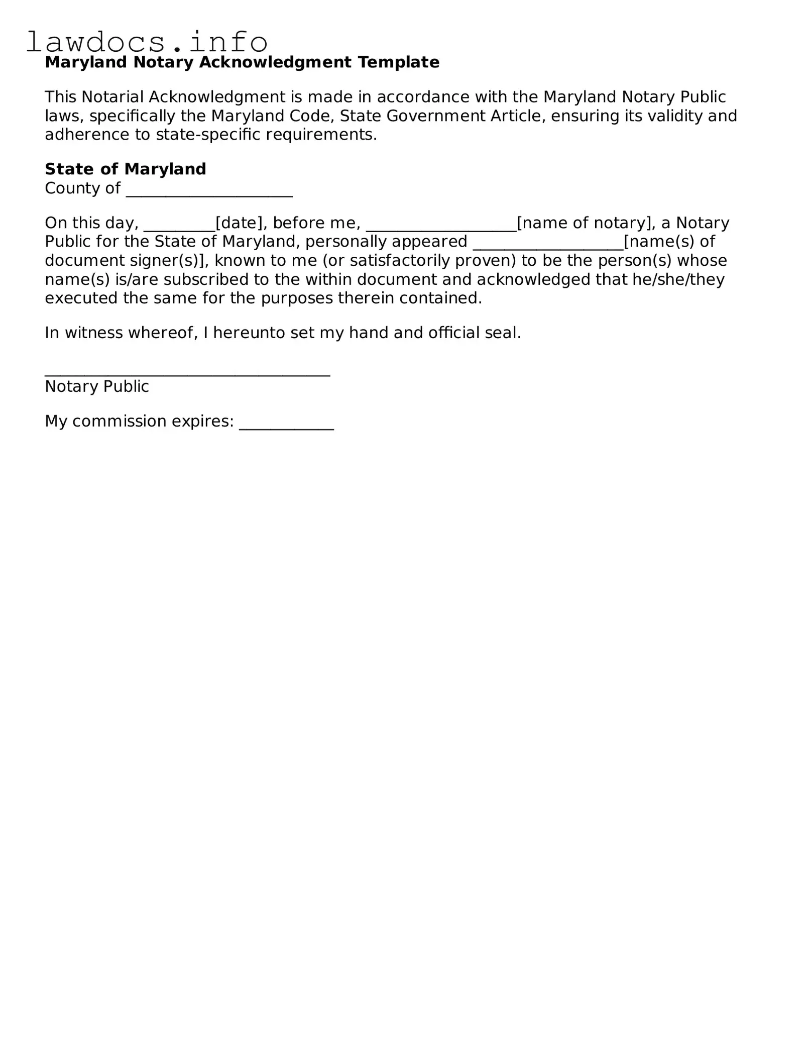 Blank Notary Acknowledgement Template for the State of Maryland
