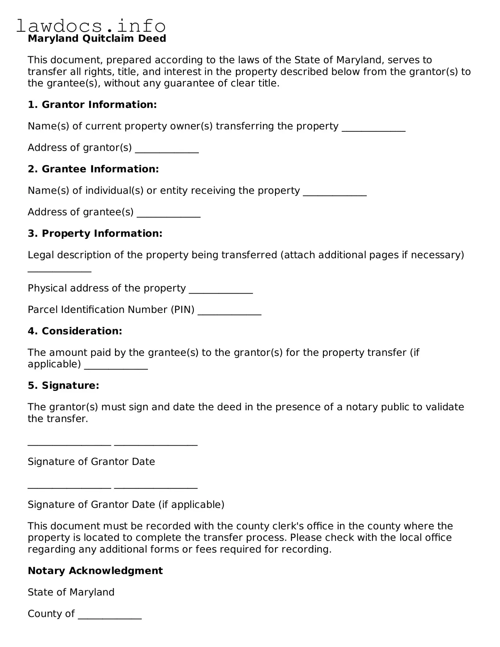 Blank Quitclaim Deed Template for the State of Maryland