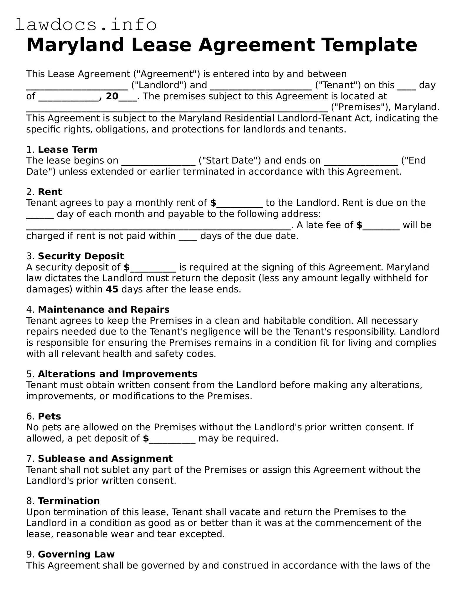 Blank Lease Agreement Template for the State of Maryland