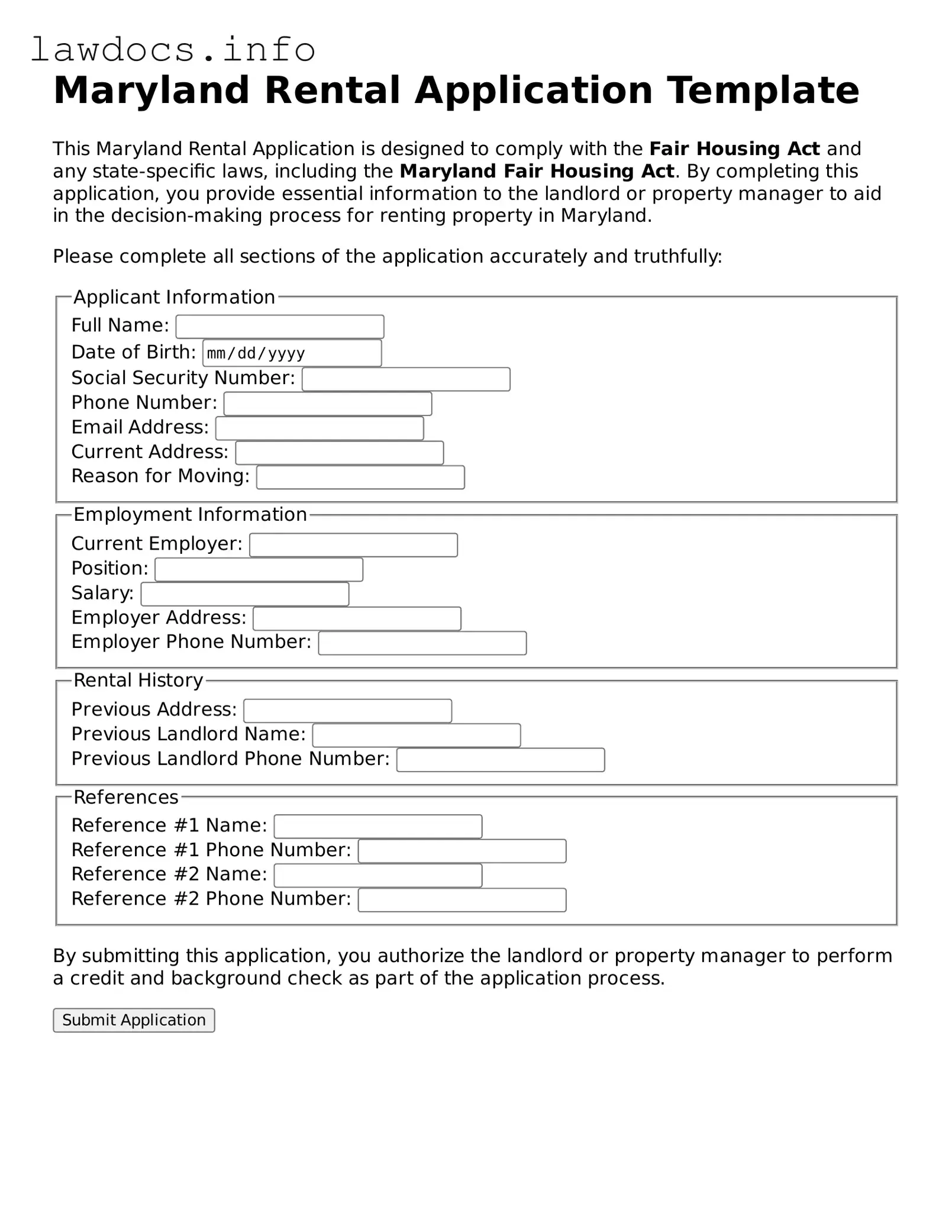 Blank Rental Application Template for the State of Maryland