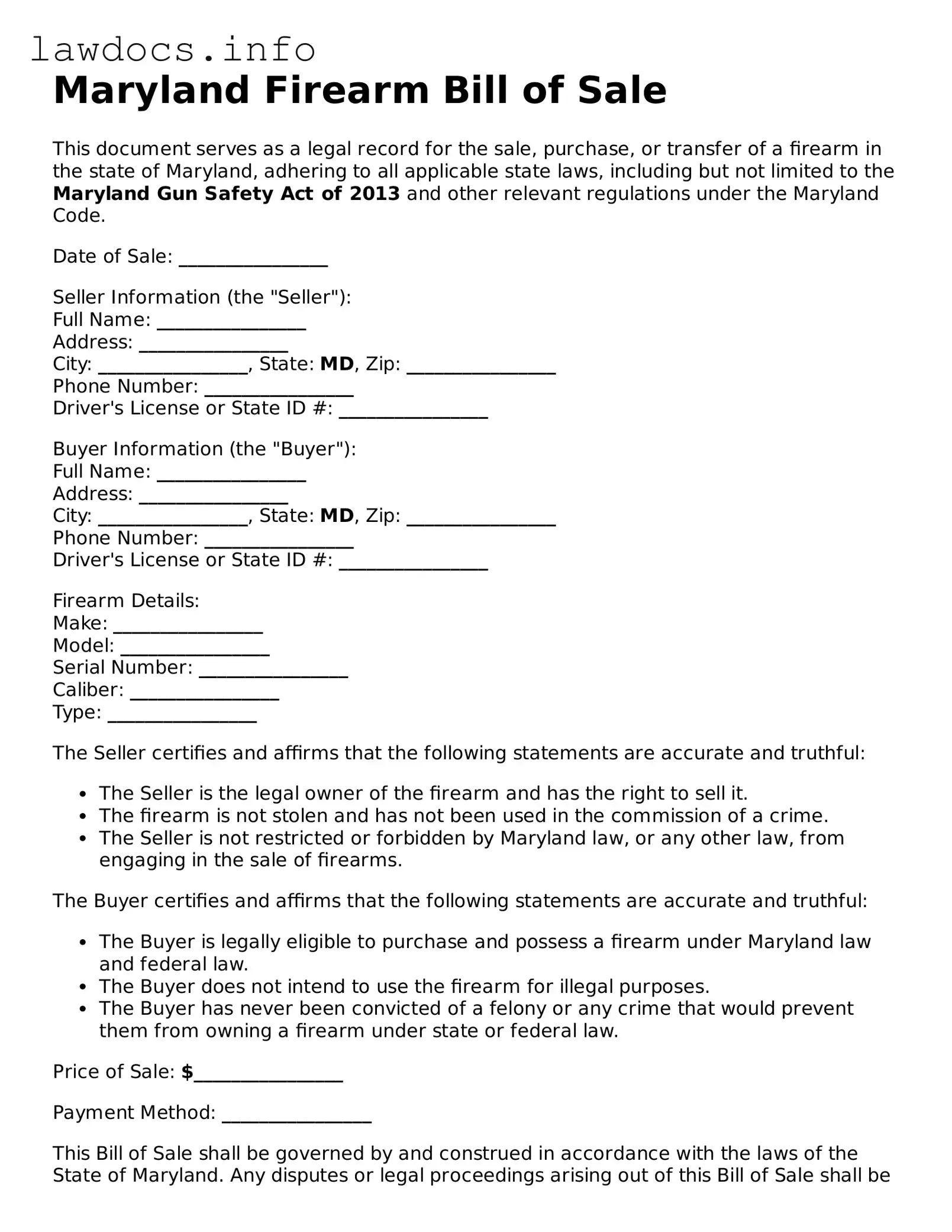 Blank Firearm Bill of Sale Template for the State of Maryland