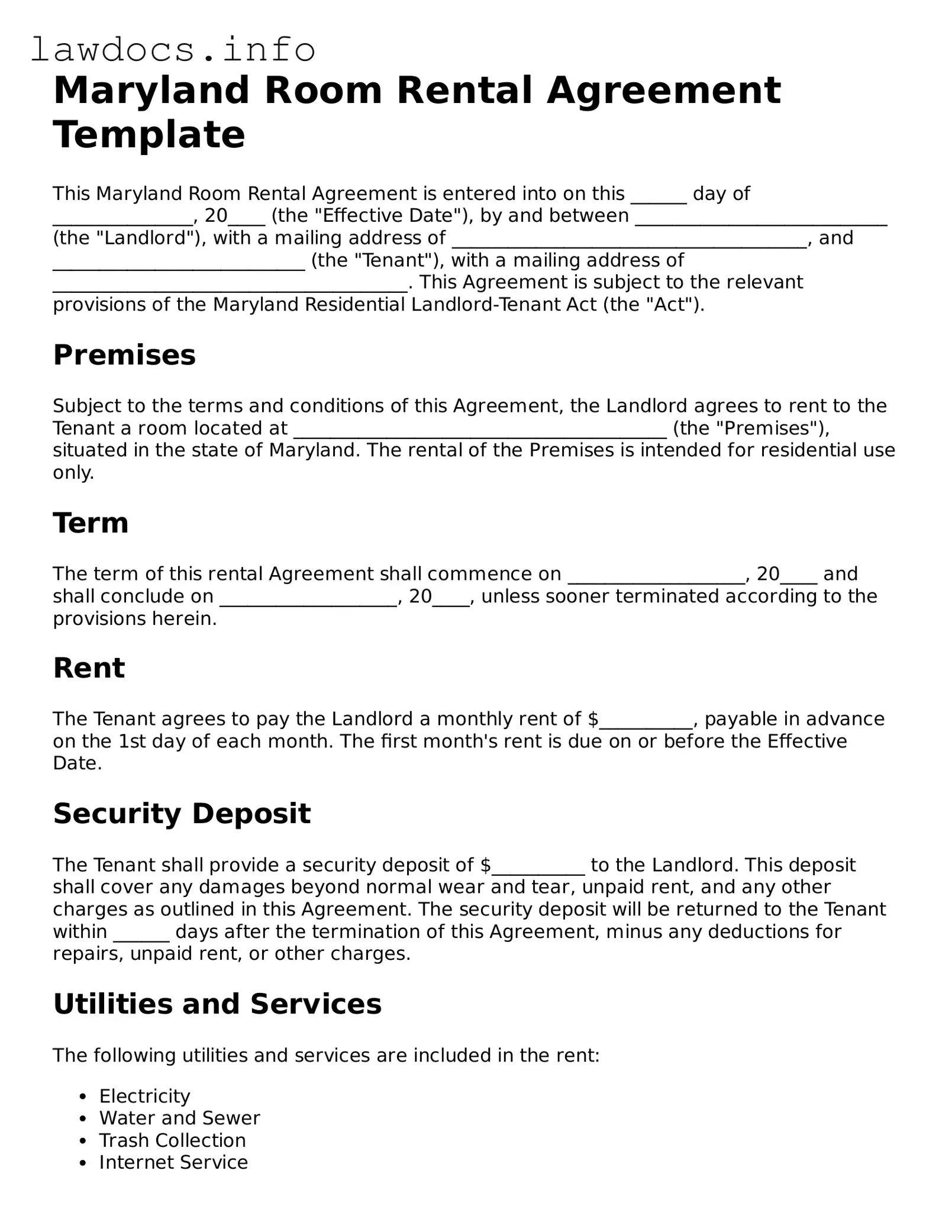 Blank Room Rental Agreement Template for the State of Maryland