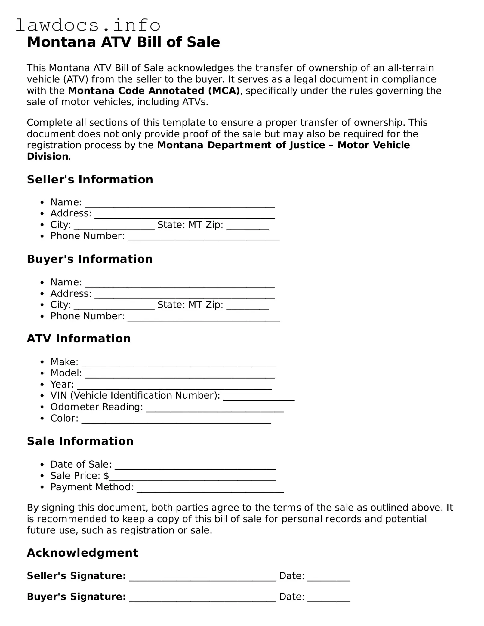 Blank ATV Bill of Sale Template for the State of Montana