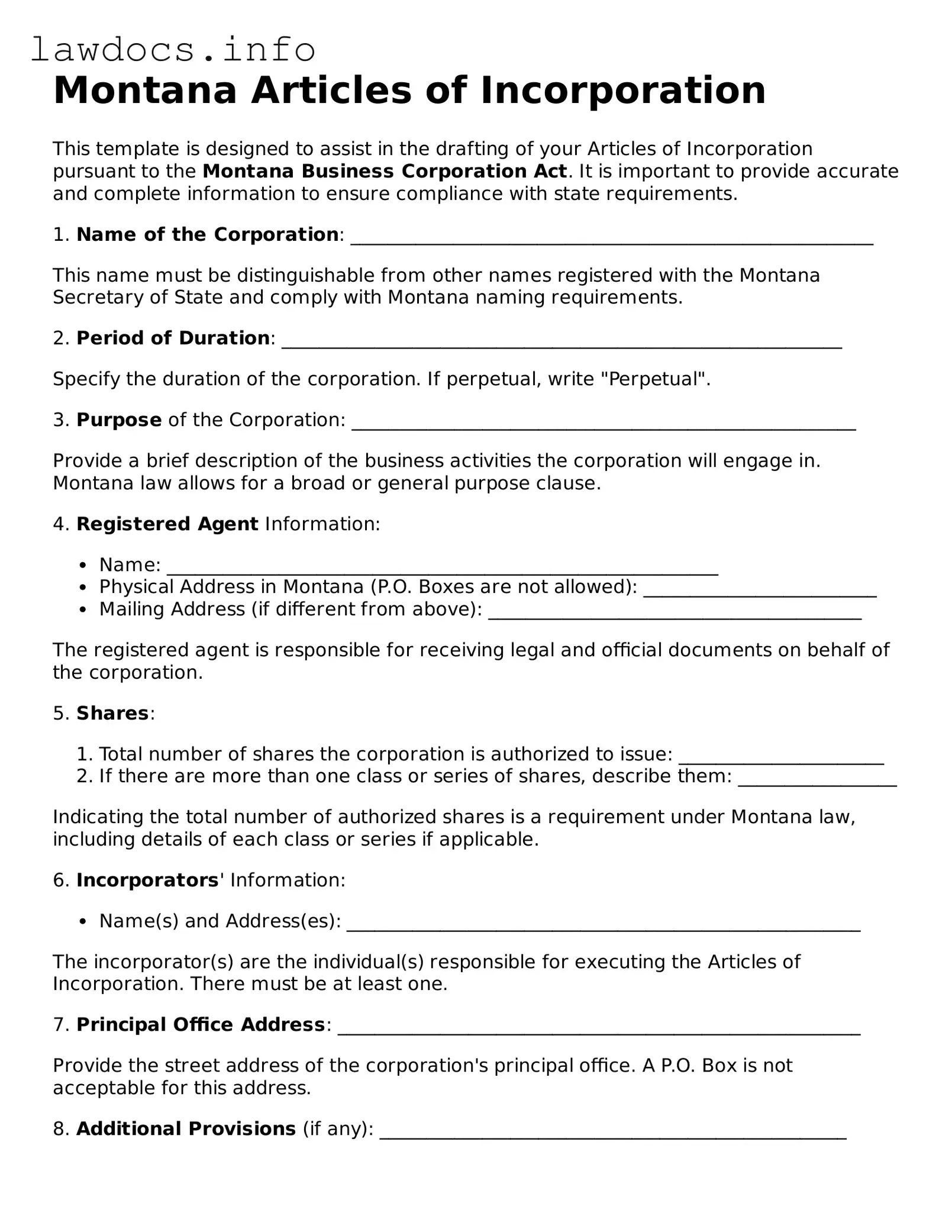 Blank Articles of Incorporation Template for the State of Montana