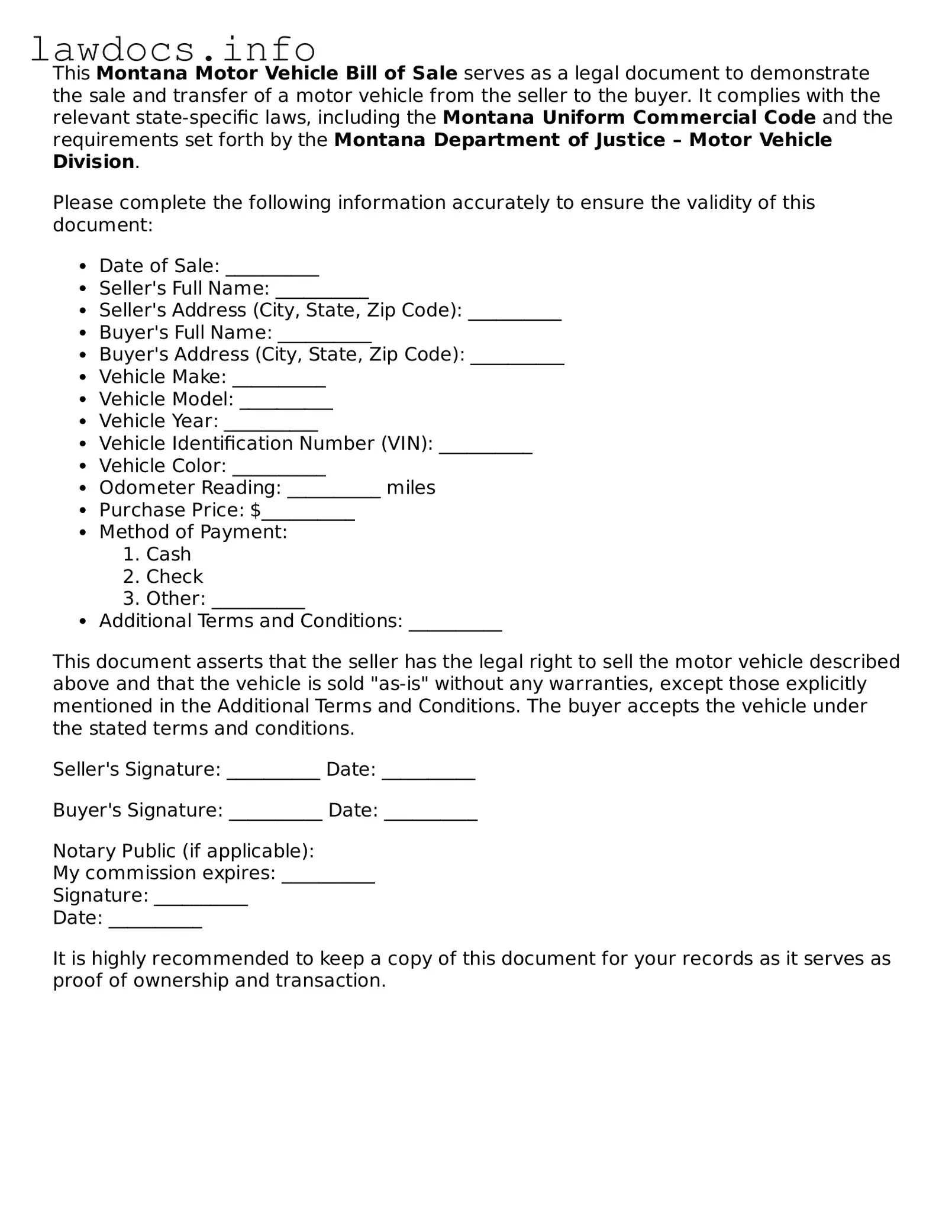Blank Motor Vehicle Bill of Sale Template for the State of Montana