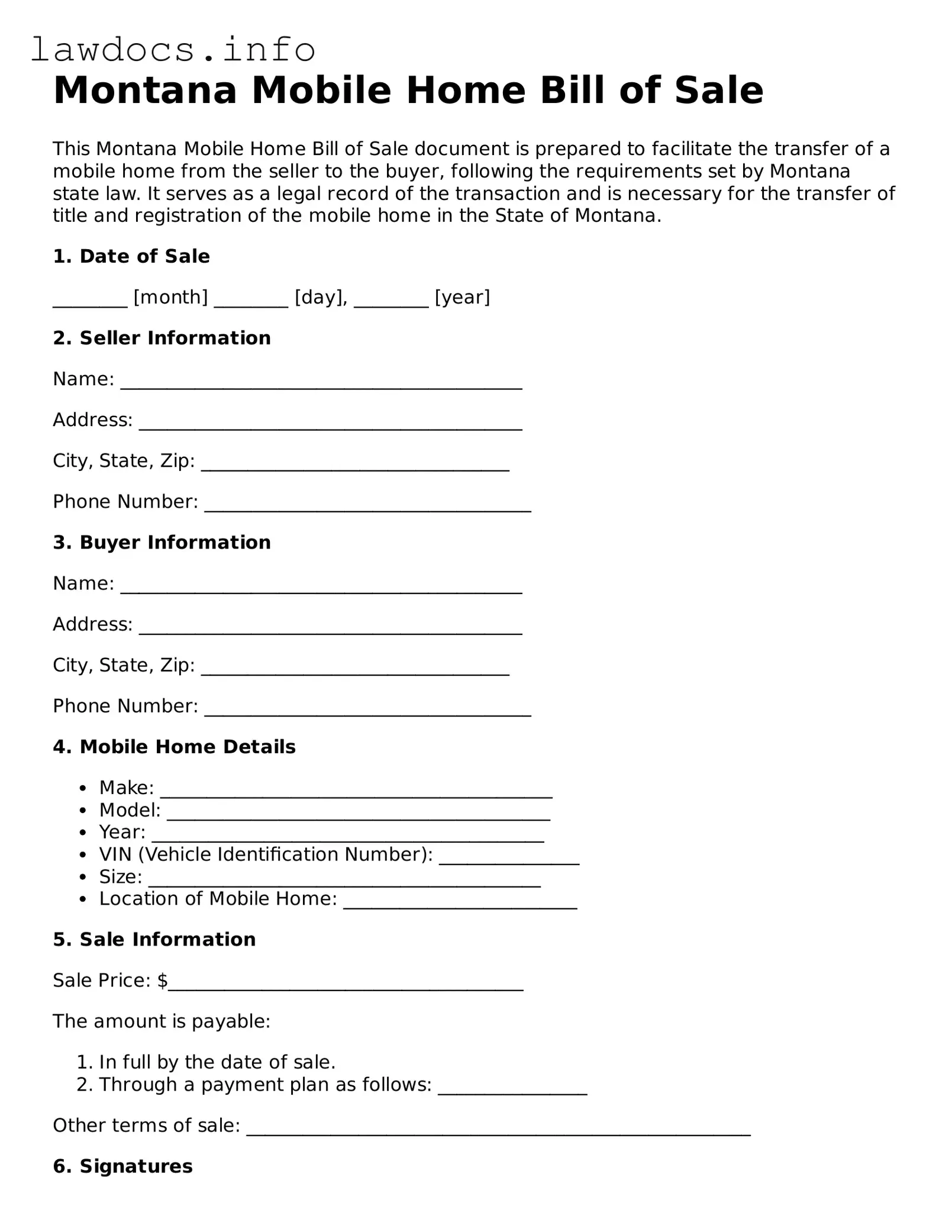Blank Mobile Home Bill of Sale Template for the State of Montana