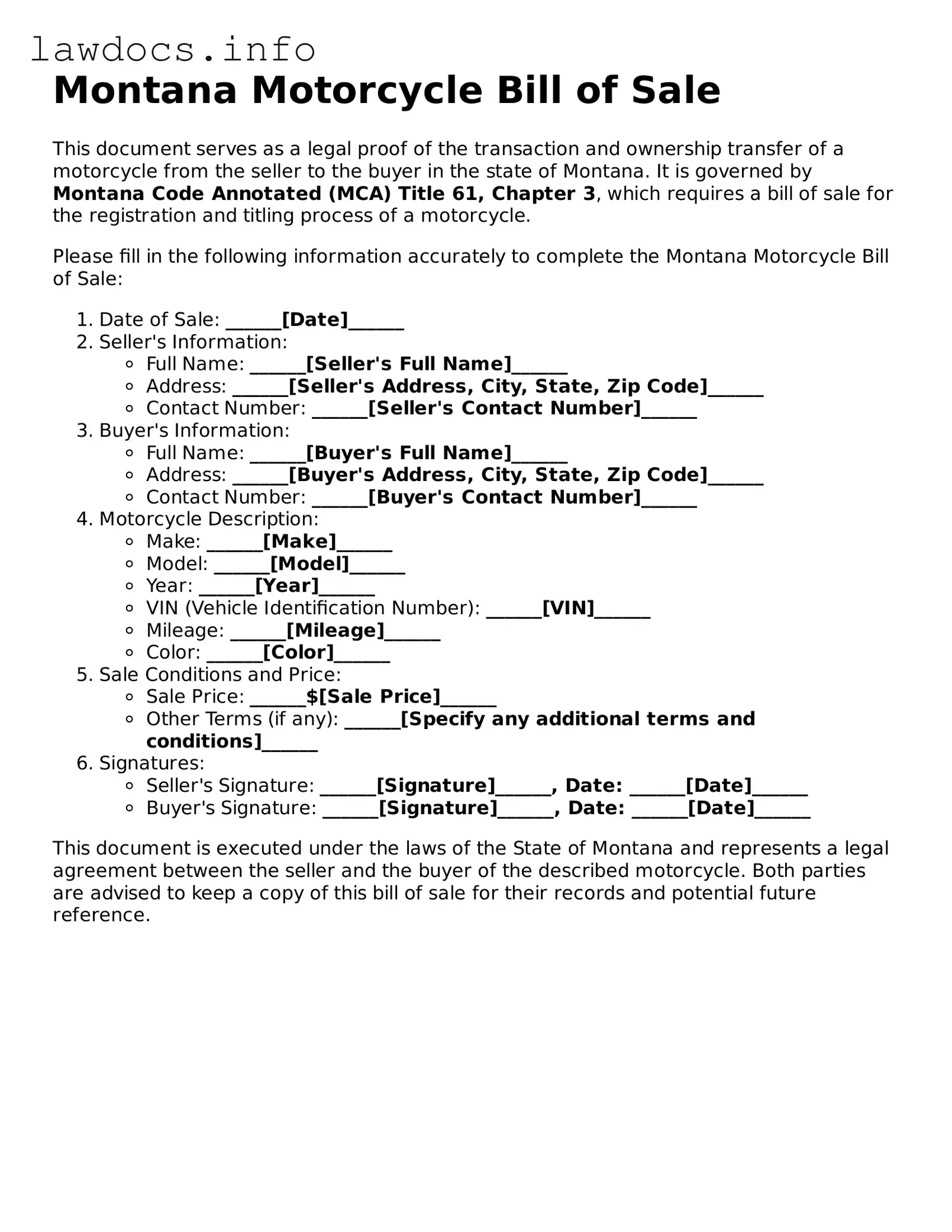Blank Motorcycle Bill of Sale Template for the State of Montana