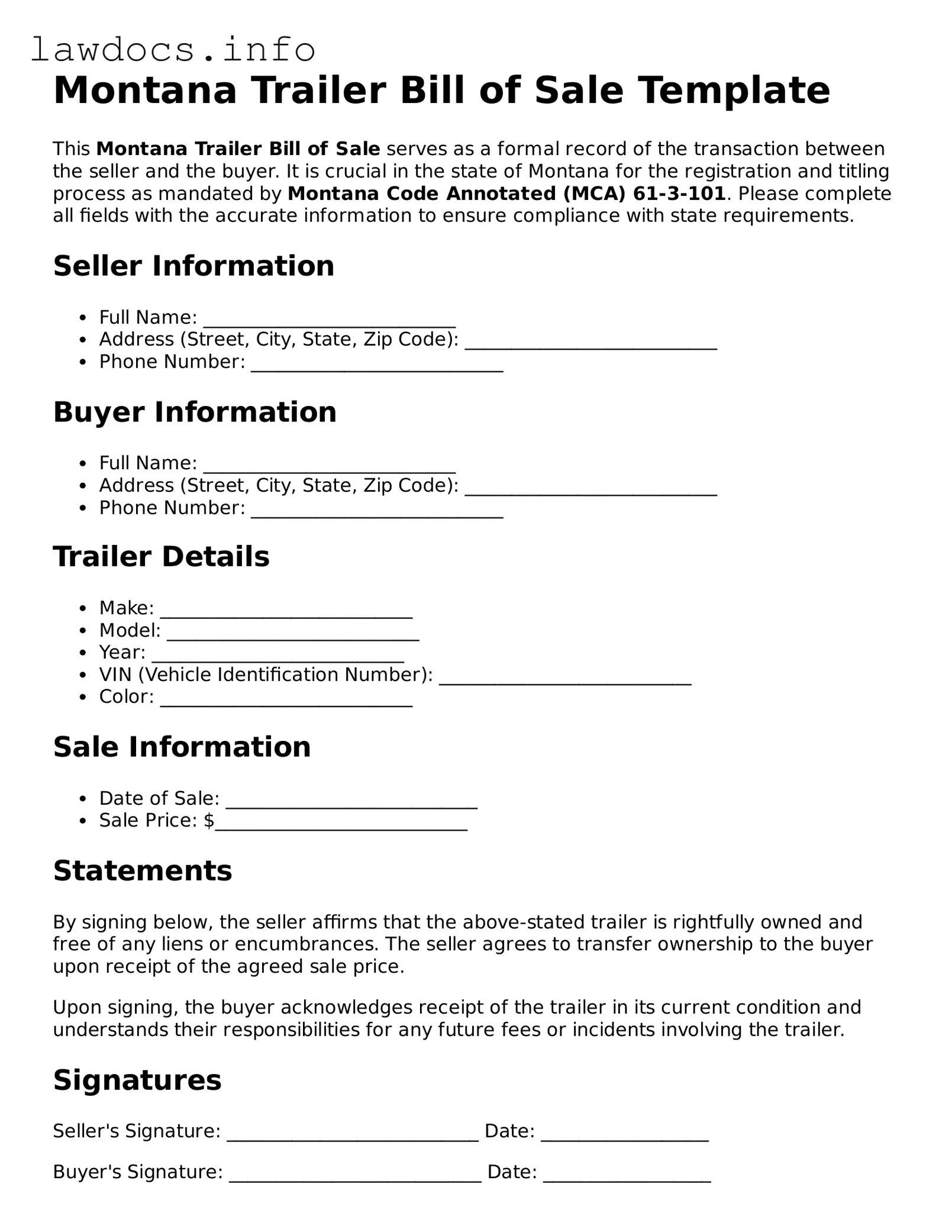 Blank Trailer Bill of Sale Template for the State of Montana