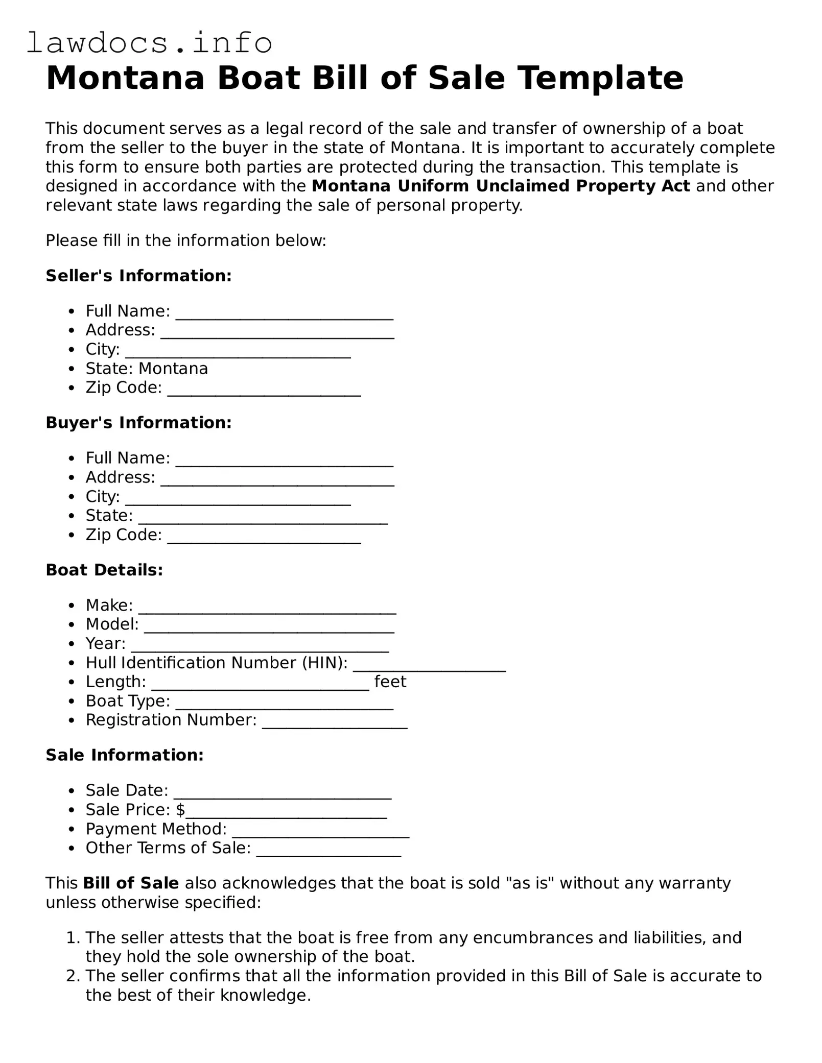 Blank Boat Bill of Sale Template for the State of Montana
