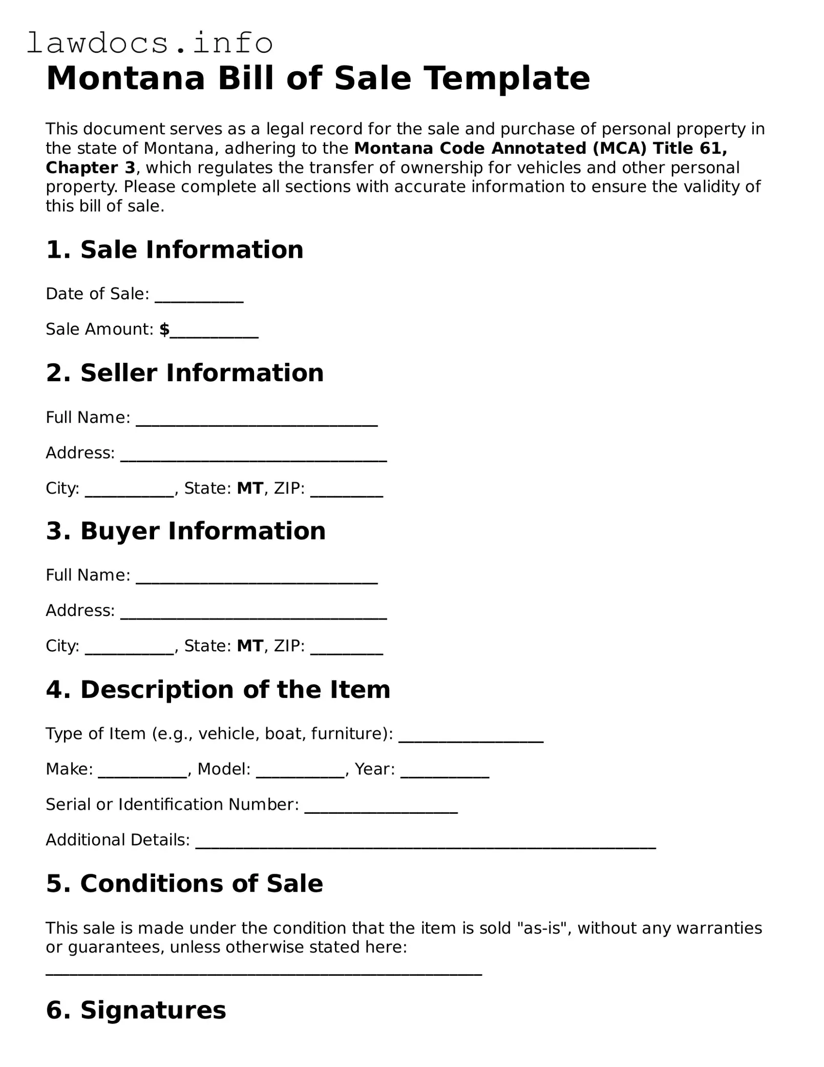 Blank Bill of Sale Template for the State of Montana