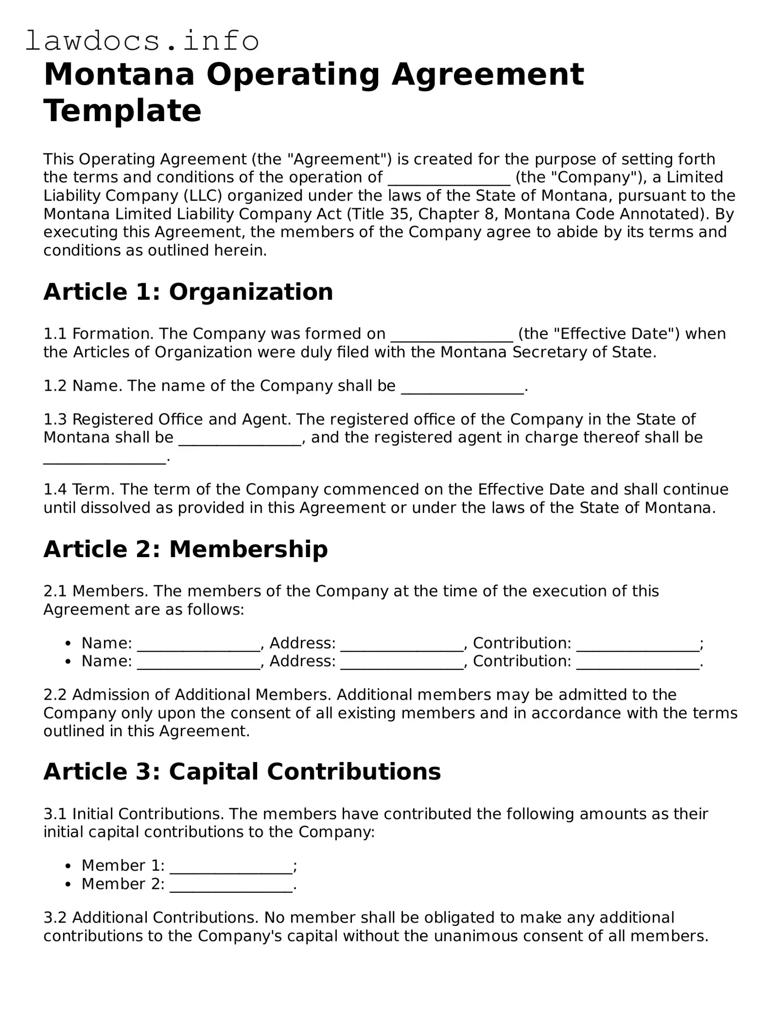 Blank Operating Agreement Template for the State of Montana