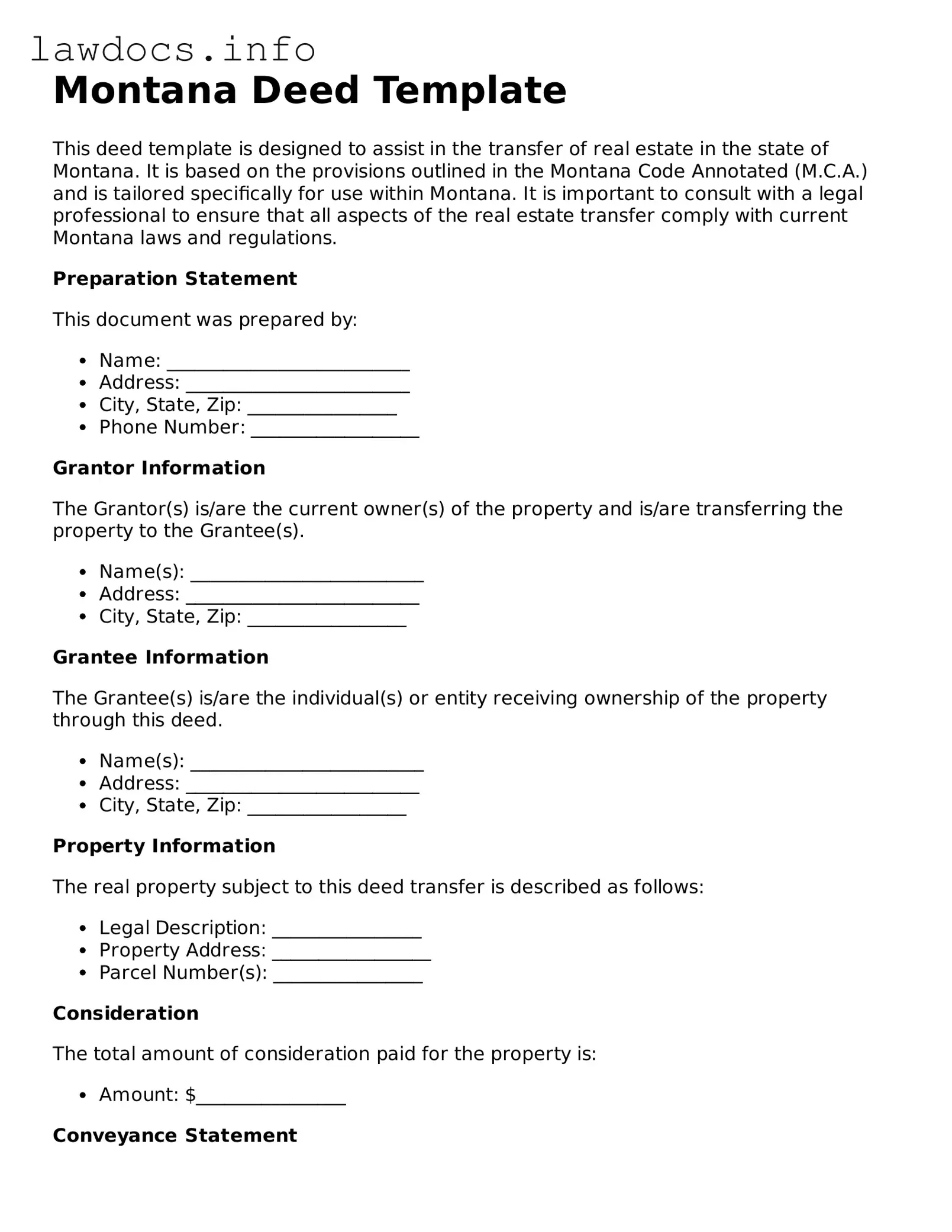 Blank Deed Template for the State of Montana