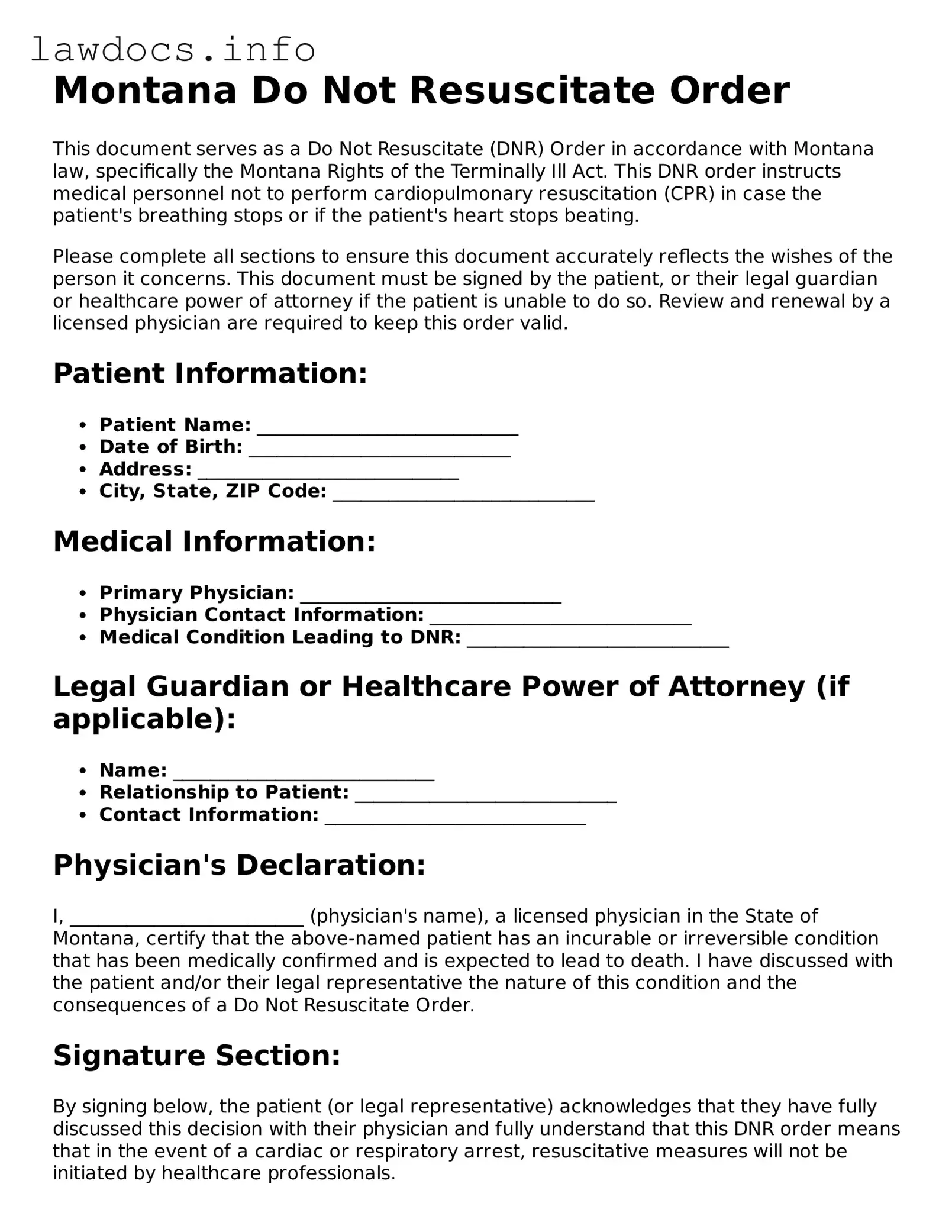 Blank Do Not Resuscitate Order Template for the State of Montana