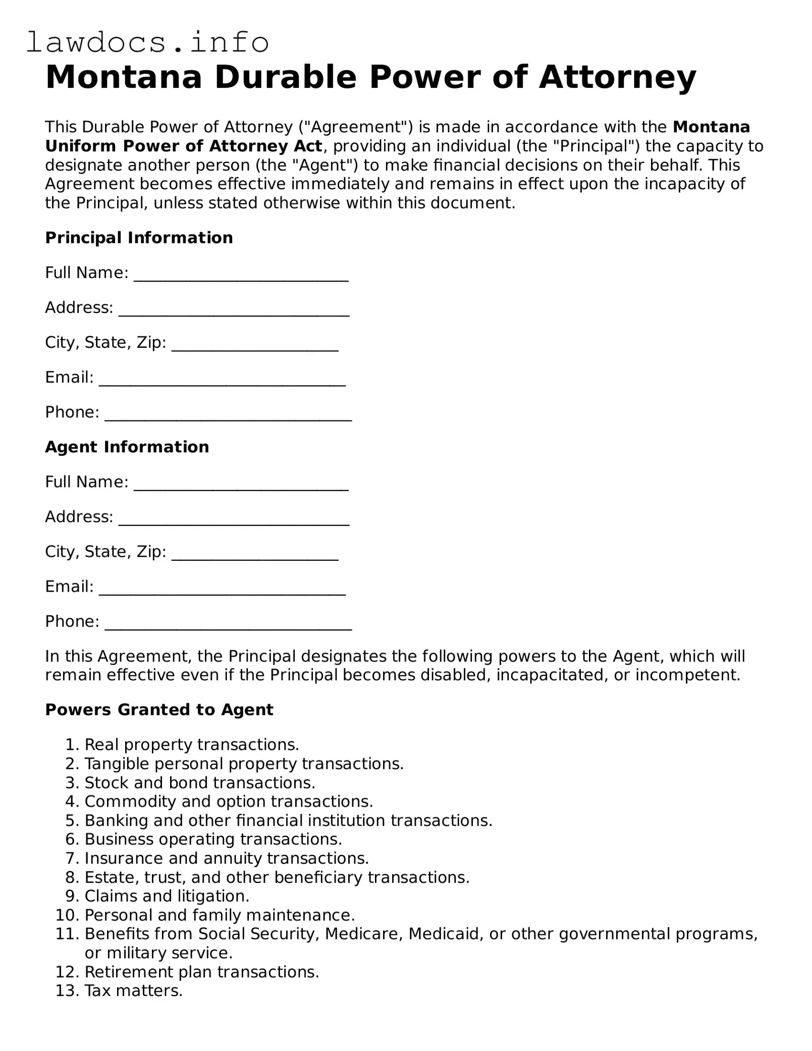 Blank Durable Power of Attorney Template for the State of Montana