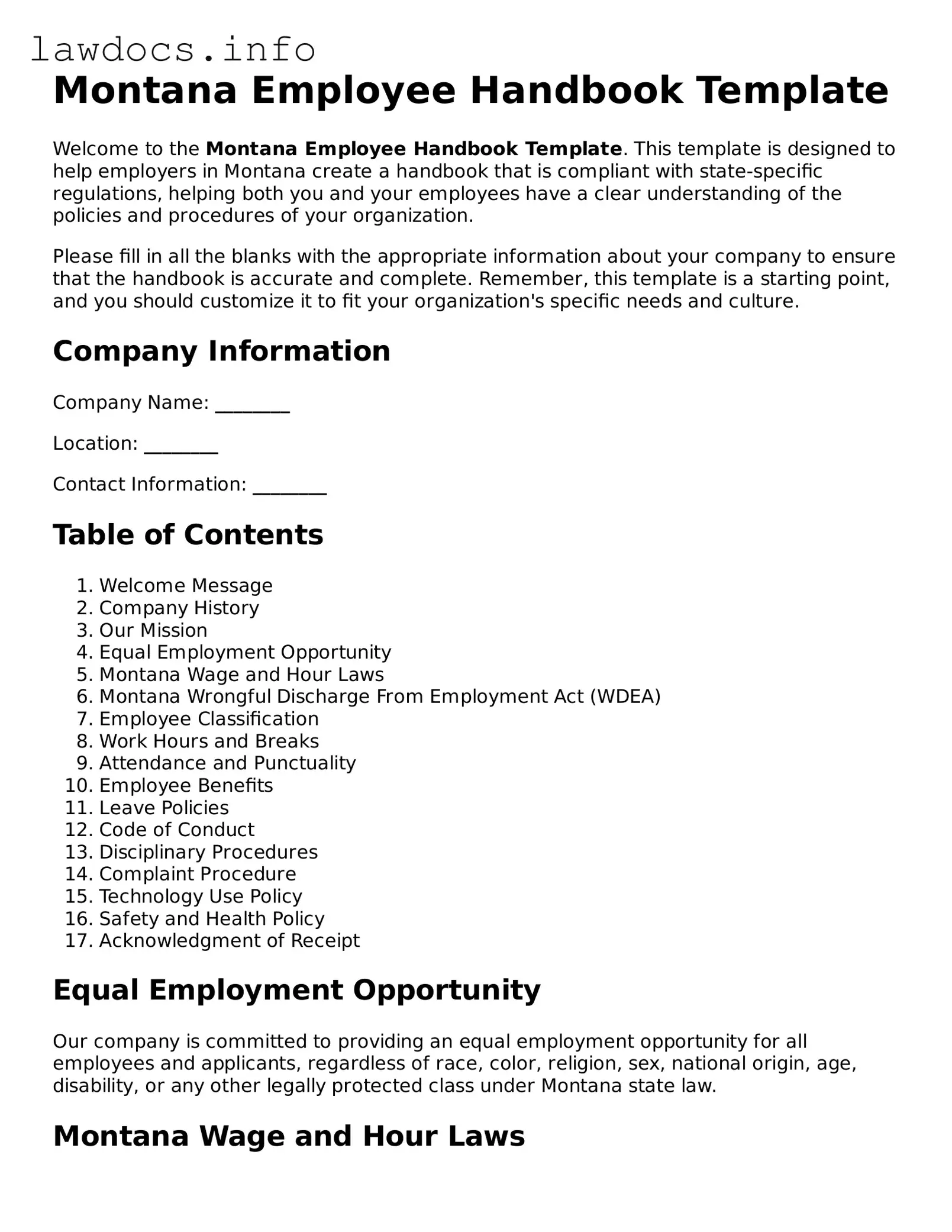 Blank Employee Handbook Template for the State of Montana