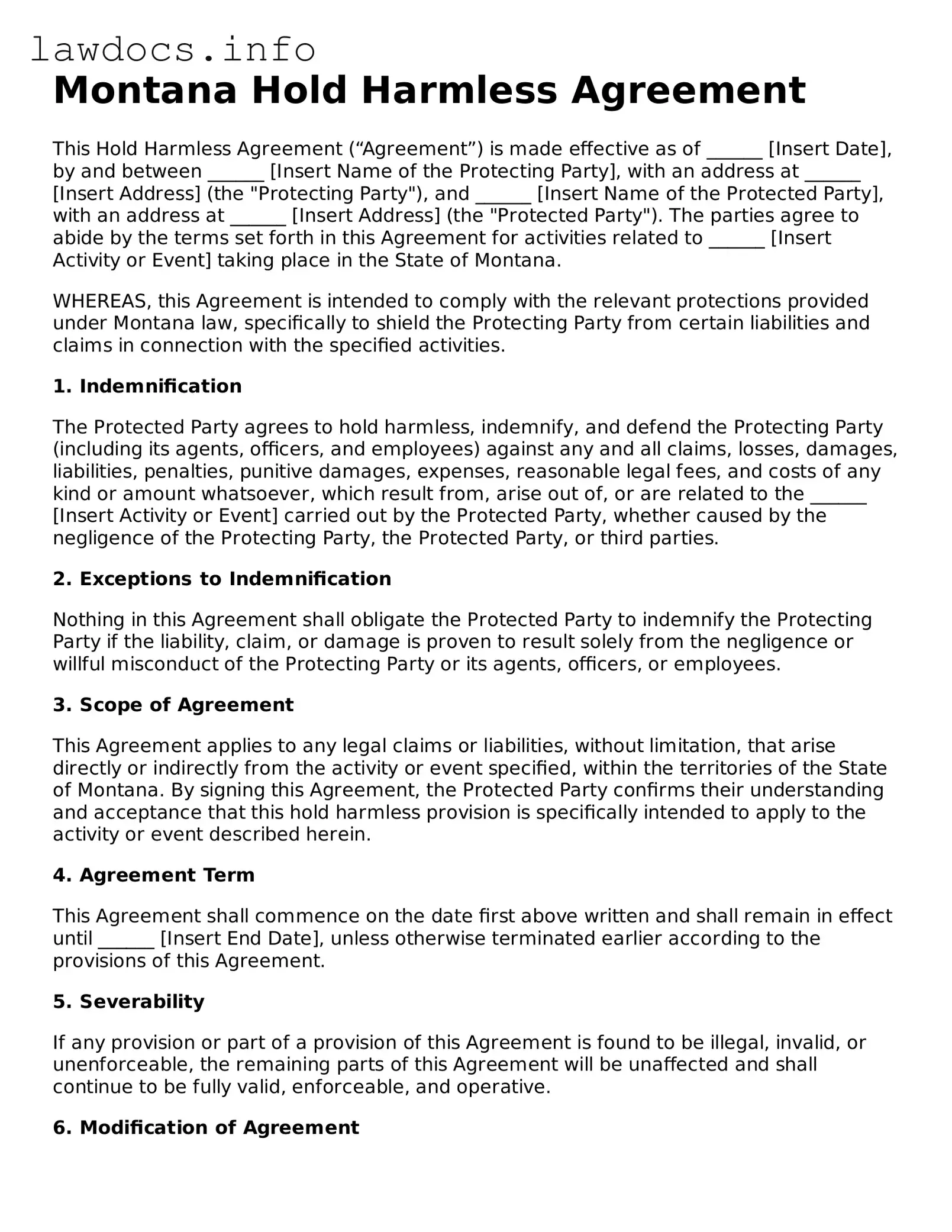 Blank Hold Harmless Agreement Template for the State of Montana