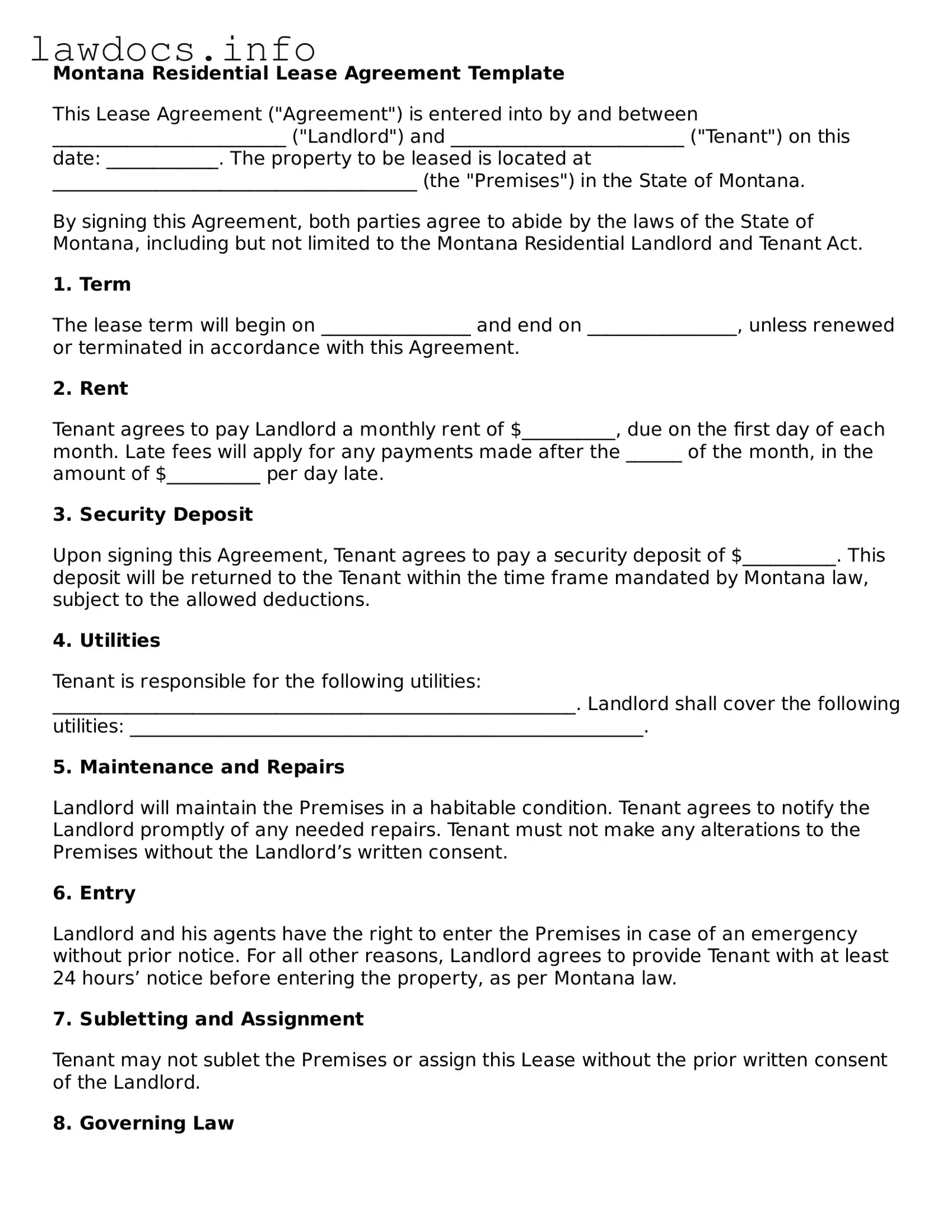 Blank Residential Lease Agreement Template for the State of Montana