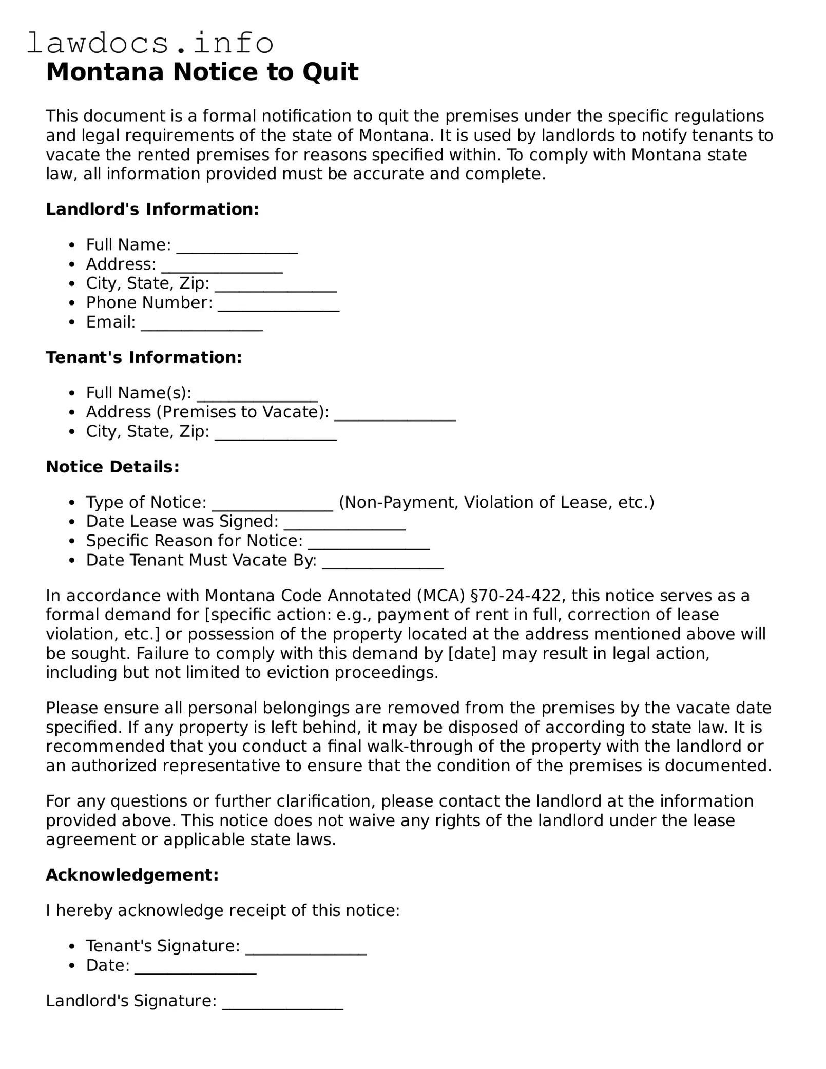 Blank Notice to Quit Template for the State of Montana