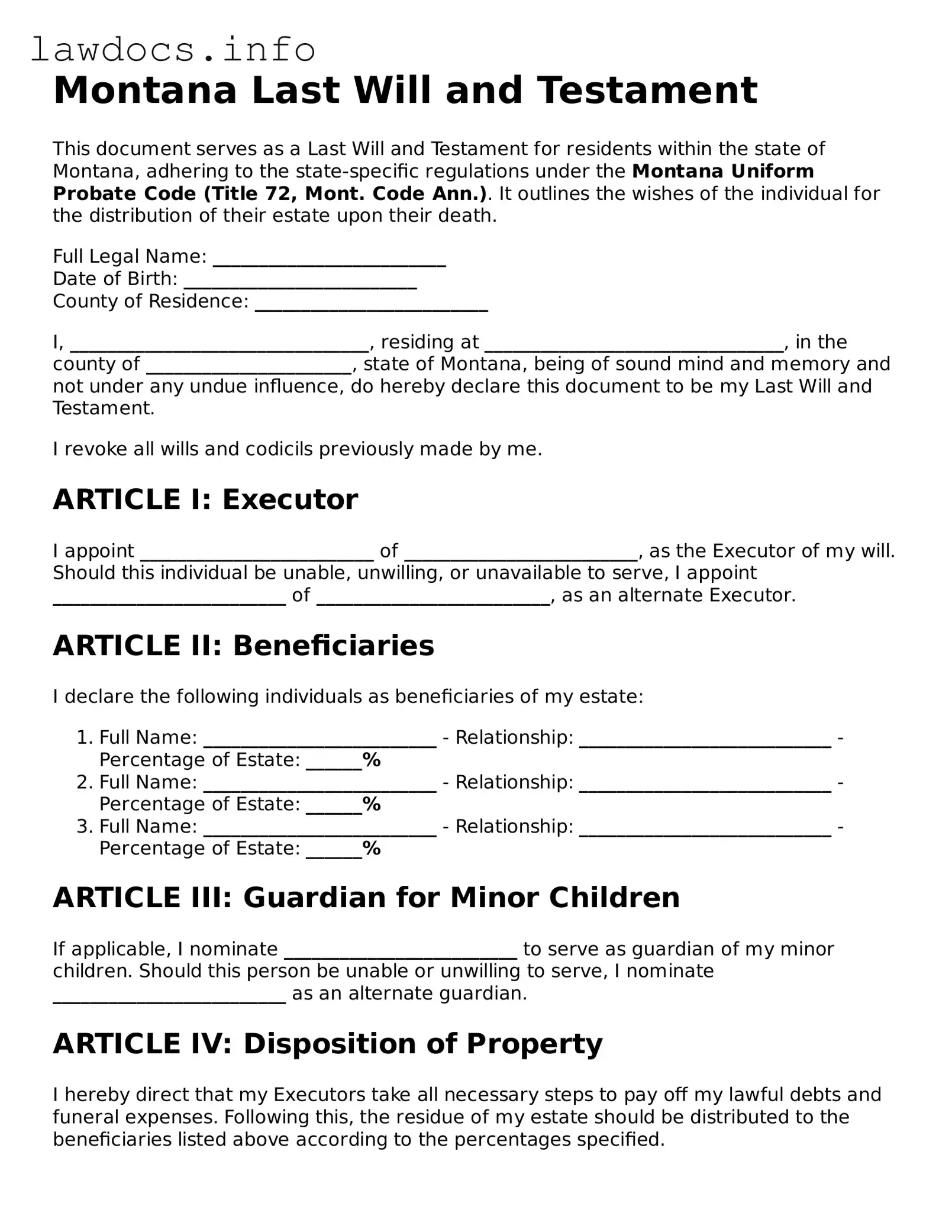 Blank Last Will and Testament Template for the State of Montana